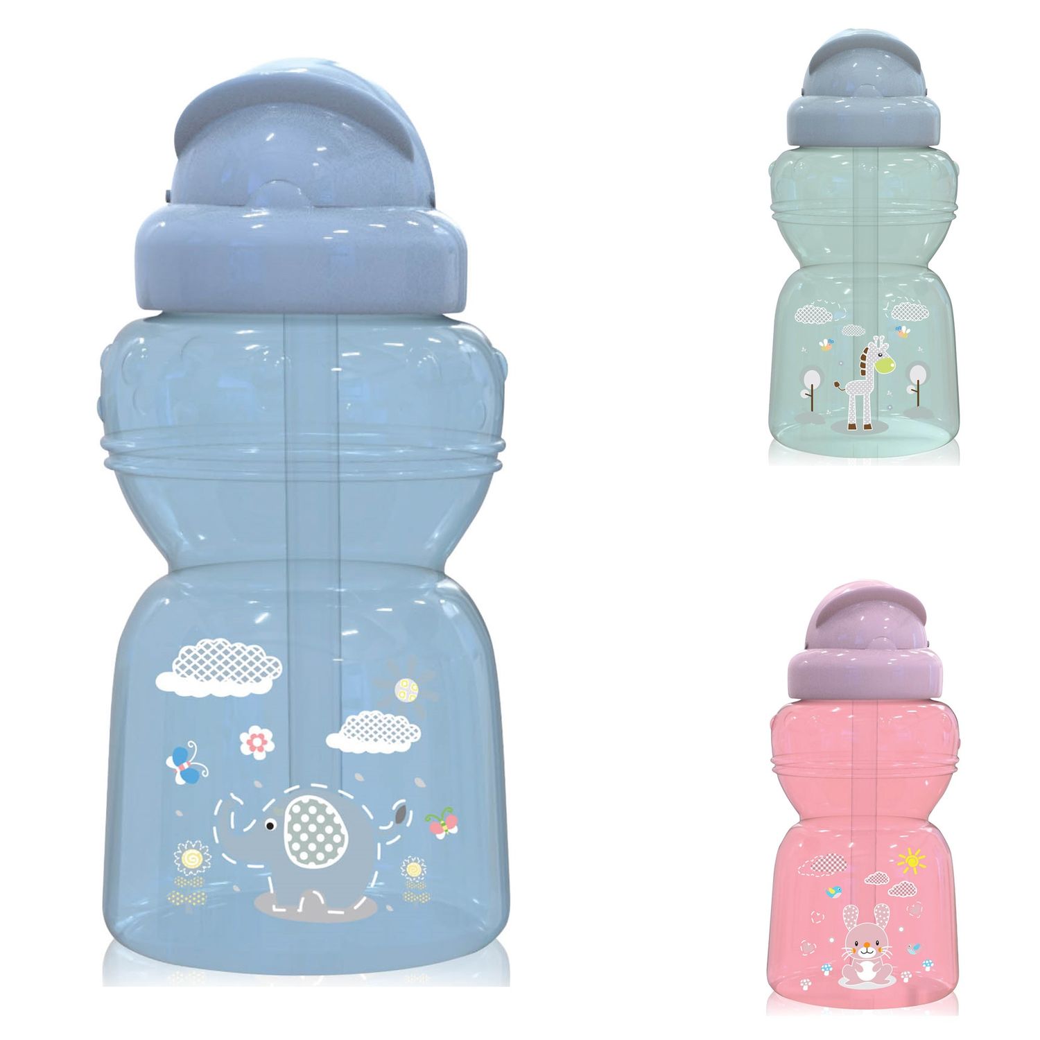 Baby Care Kinder Trinkflasche 325 ml Sport-Sipper Tiere Schutzdeckel Strohhalm blau - Bild 1