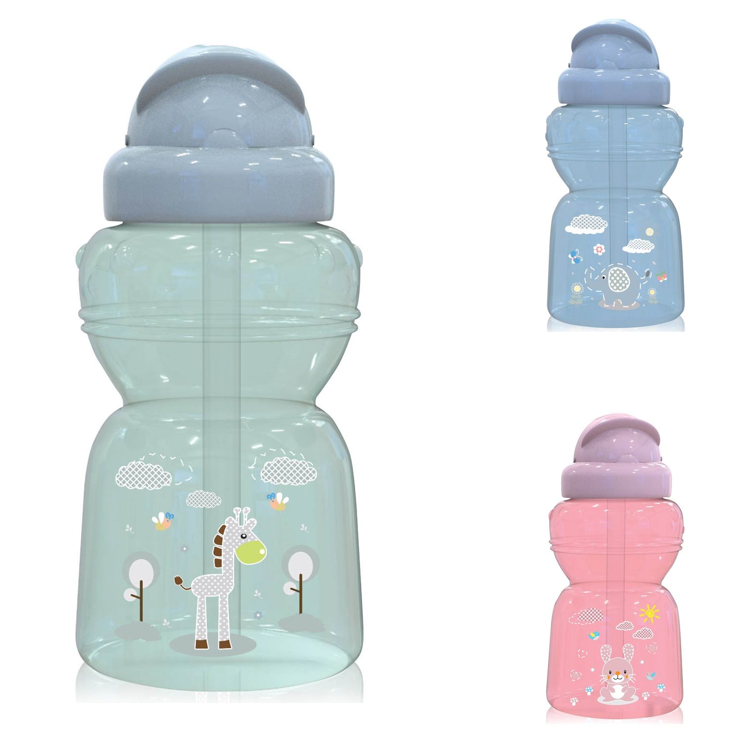 Baby Care Kinder Trinkflasche 325 ml Sport-Sipper Tiere Schutzdeckel Strohhalm gr&uuml;n - Bild 1