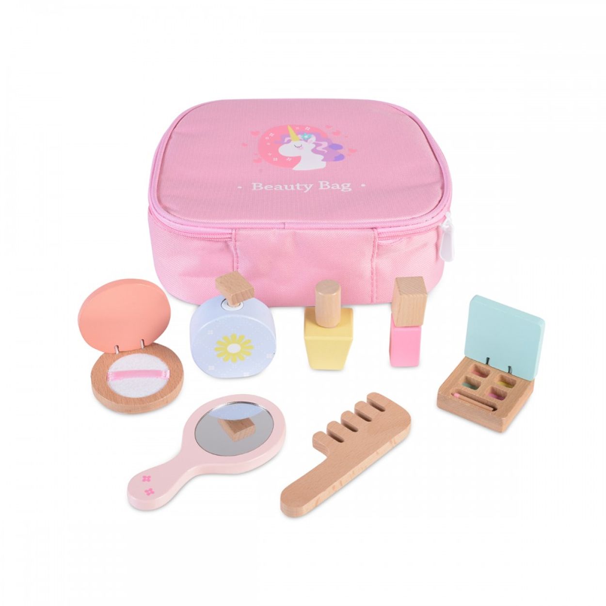 Moni Holz-Spielzeug Kosmetik-Set 4502 Tasche mit 7 Teilen, Spiegel, Kamm, Parf&uuml;m rosa - Bild 1