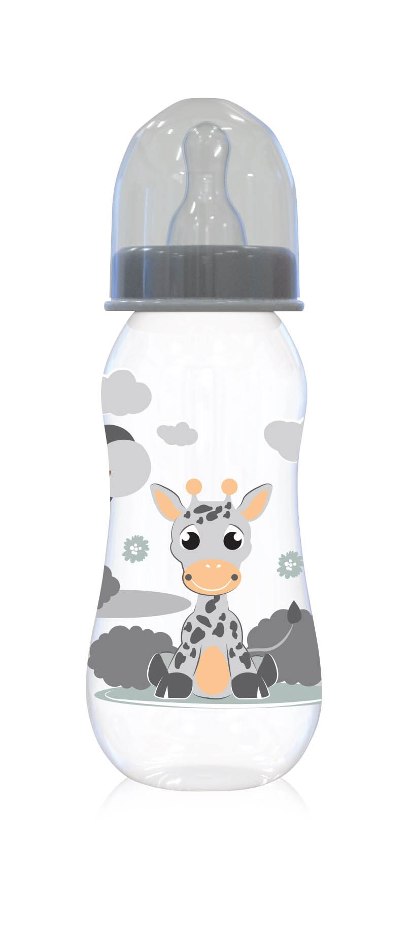 Baby Care Babyflasche 250 ml Tiere Silikonsauger Größe 0+ Schutzdeckel ab Geburt grau