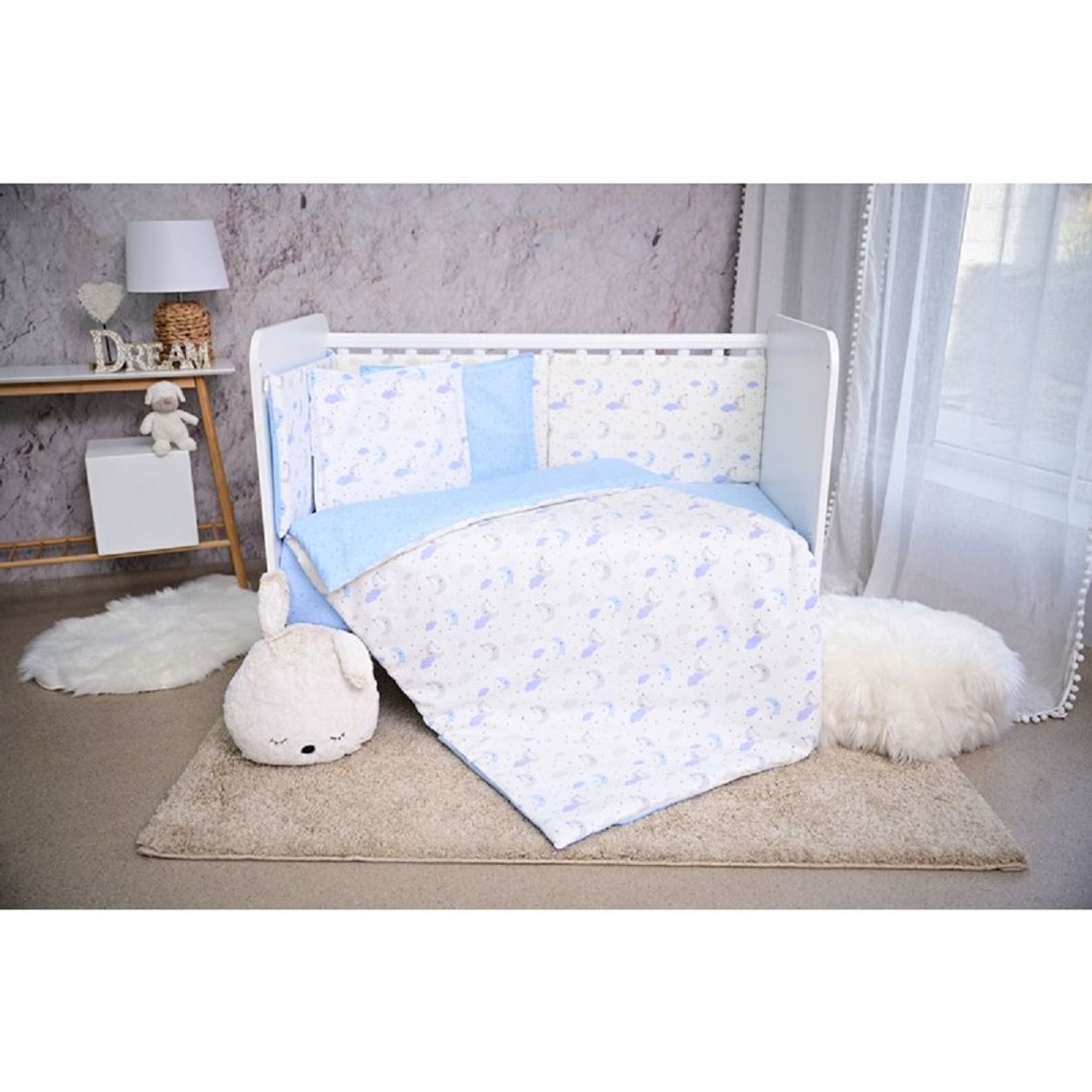 Lorelli Babybettw&auml;sche Set Smile 6-teilig Decke 140x95 Kissen 43x35 Bett 120x60 blau - Bild 1