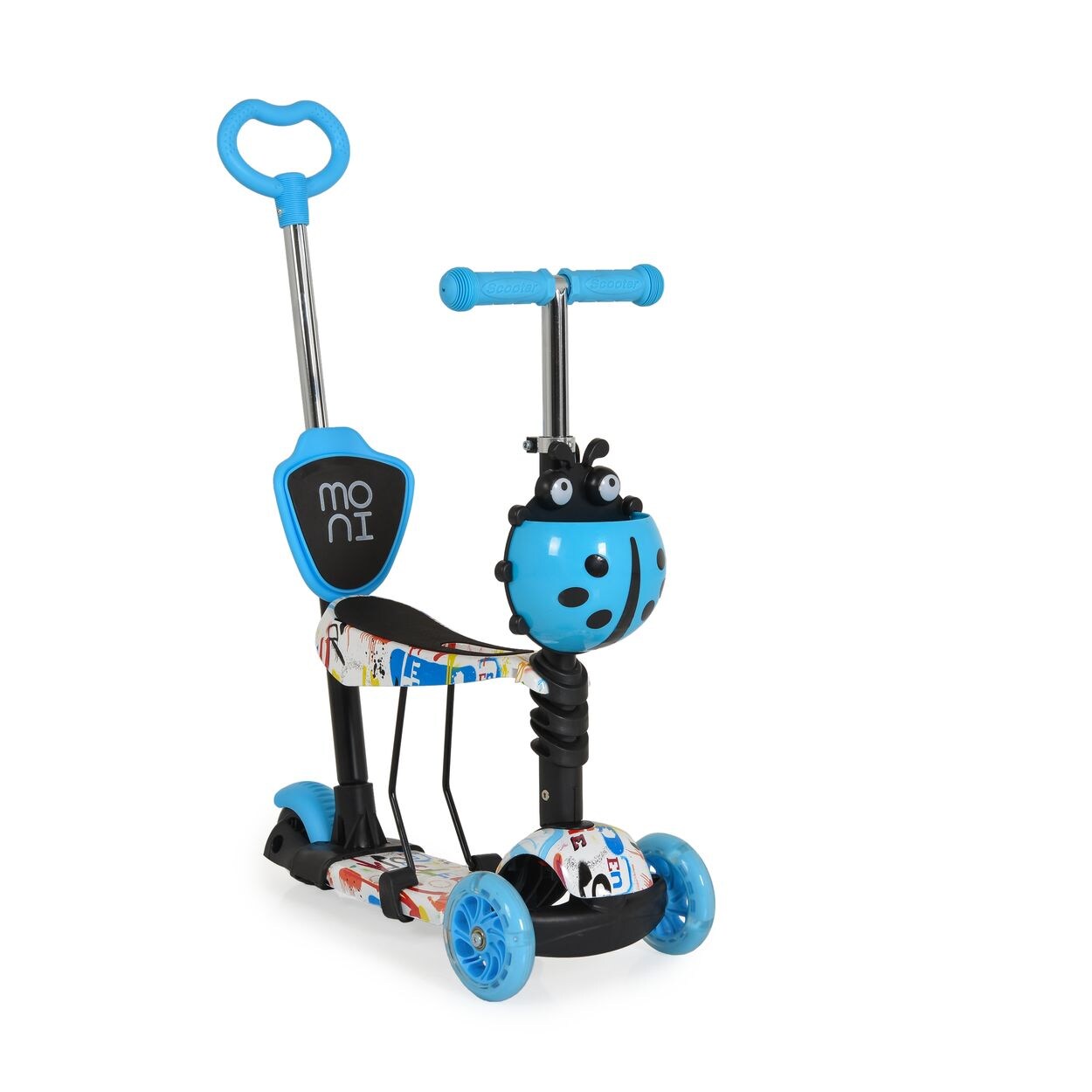 Moni Kinderroller Lollipop 3 in 1 Schiebestange, Sitz, PU-Vorderräder mit LED blau