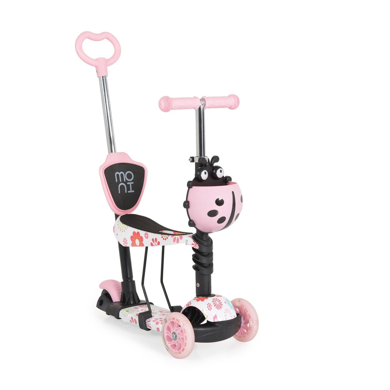 Moni Kinderroller Lollipop 3 in 1 Schiebestange, Sitz, PU-Vorderräder mit LED rosa