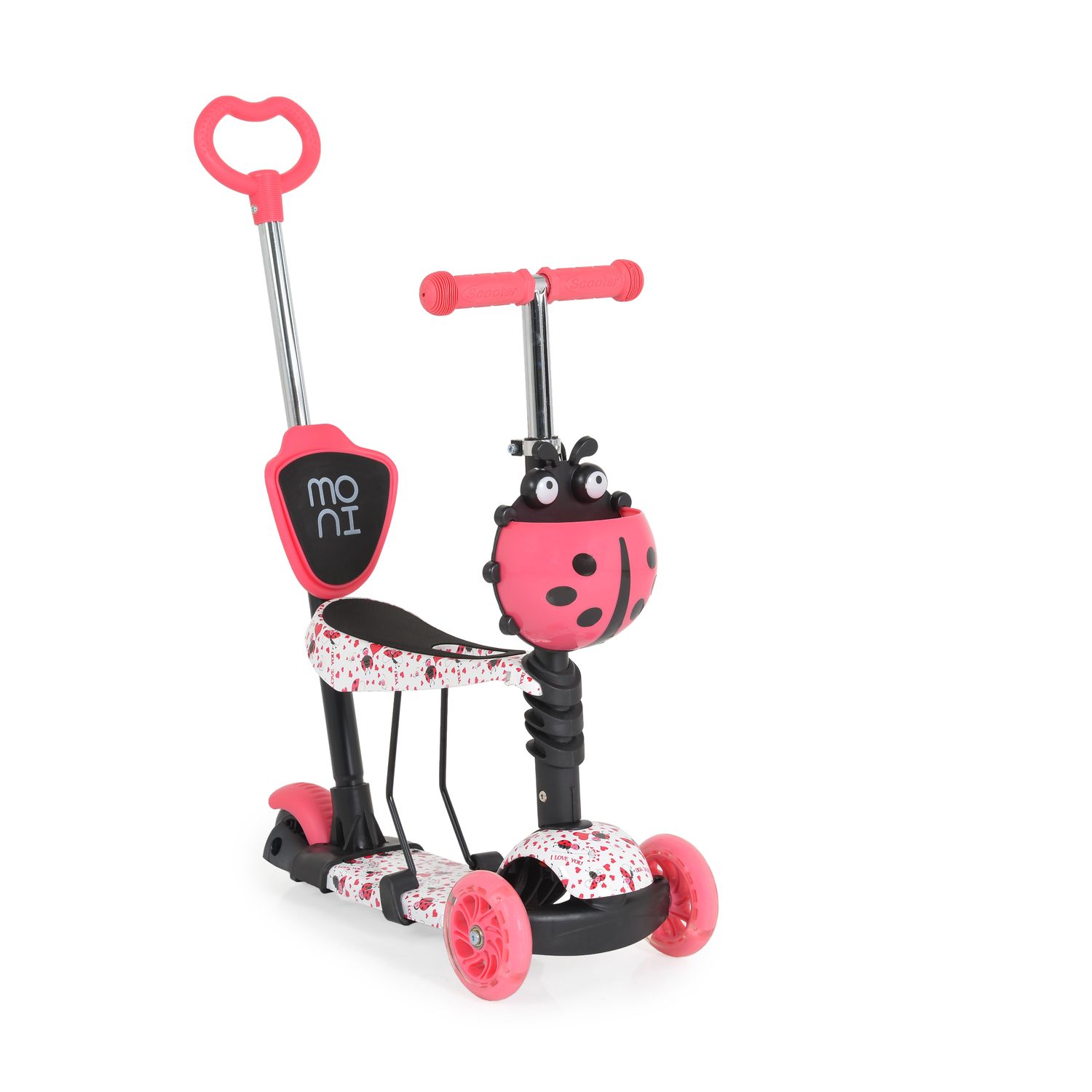 Moni Kinderroller Lollipop 3 in 1 Schiebestange, Sitz, PU-Vorderr&auml;der mit LED rot - Bild 1