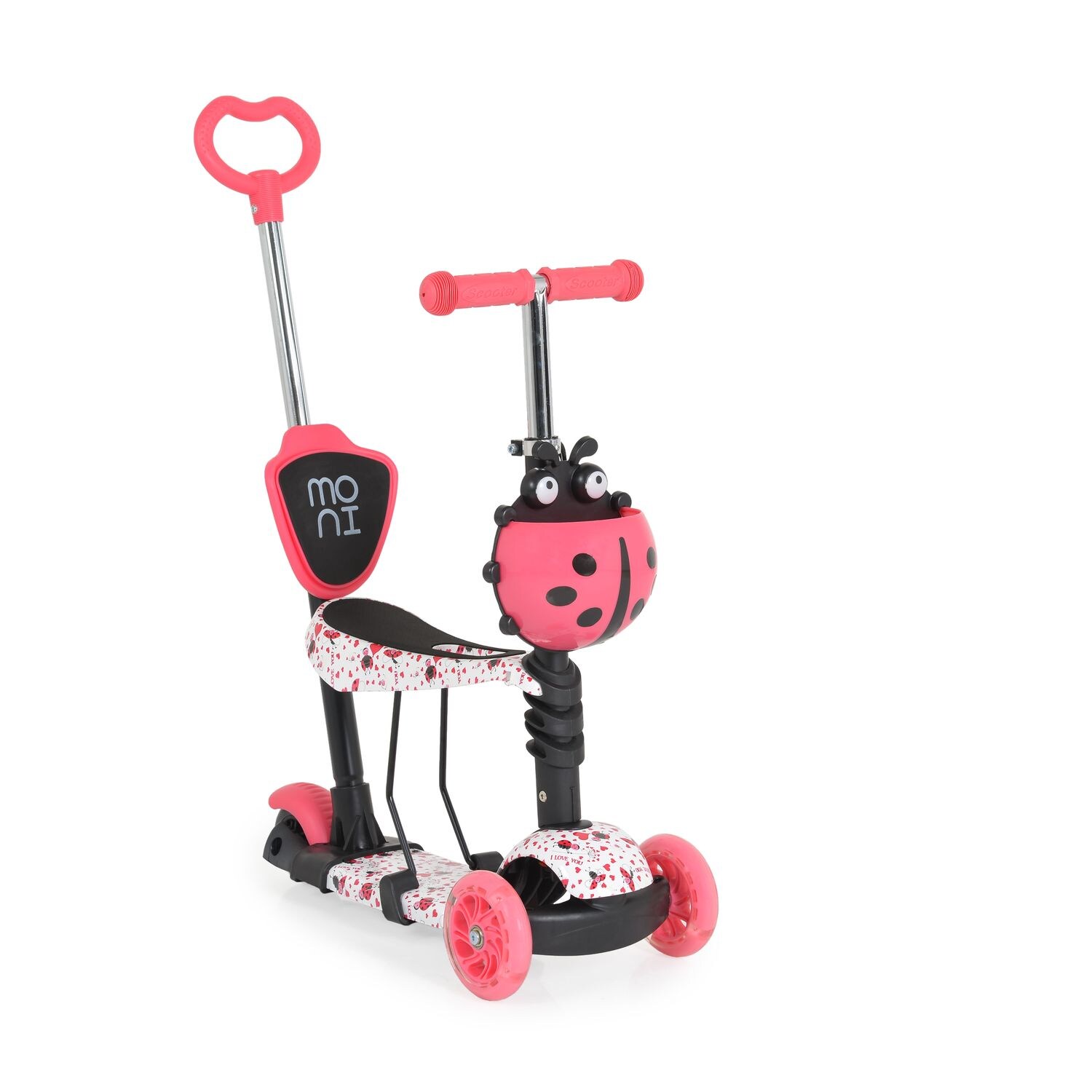 Moni Kinderroller Lollipop 3 in 1 Schiebestange, Sitz, PU-Vorderräder mit LED rot | 03800146227906