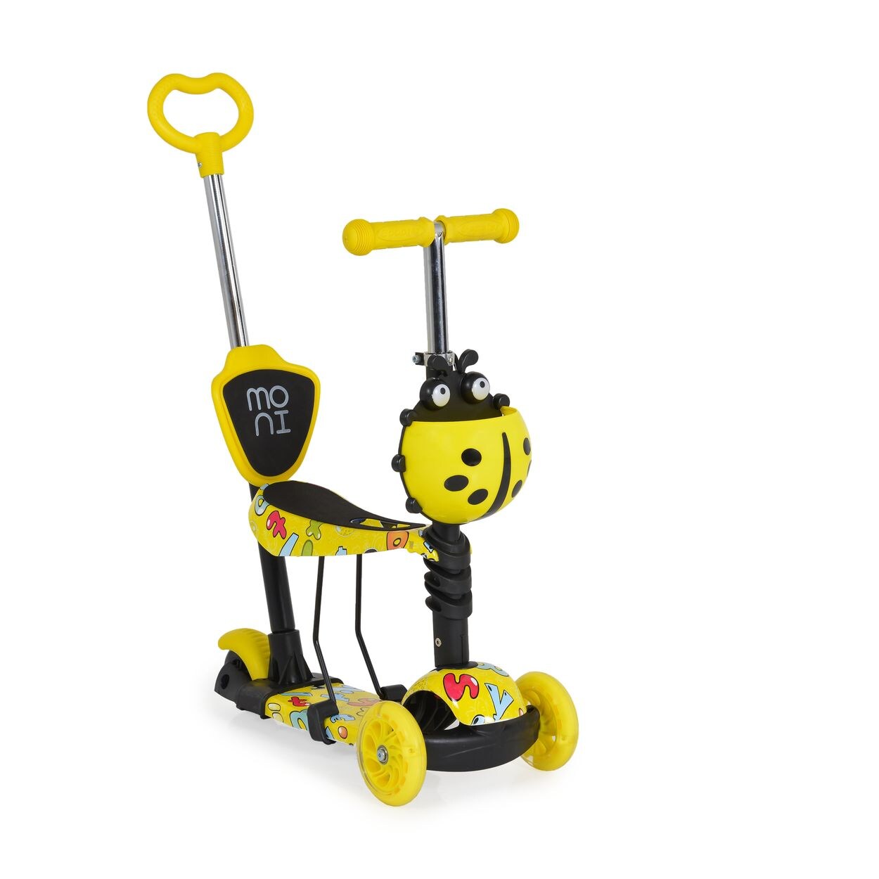 Moni Kinderroller Lollipop 3 in 1 Schiebestange, Sitz, PU-Vorderräder mit LED gelb