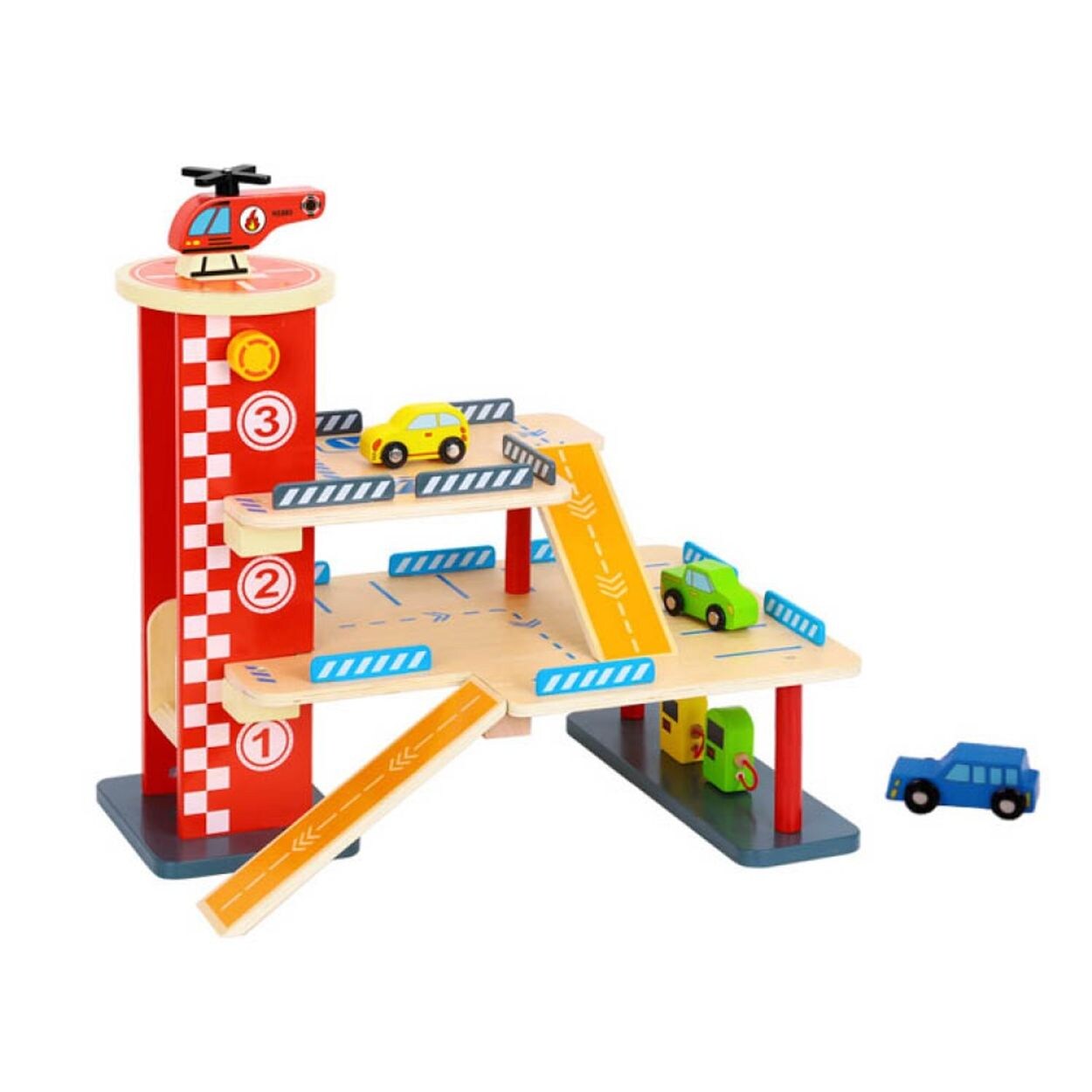 Tooky Toy Holz-Parkhaus TL698, 22-tlg, 3 Etagen, Tankstelle, 3 Autos, Landeplatz bunt
