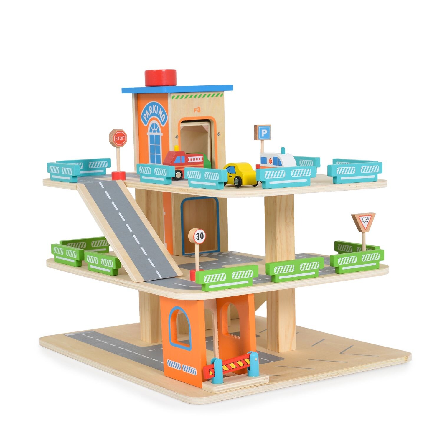 Moni Kinderspielzeug Holz-Parkhaus drei Etagen 25-tlg. 4 Autos 3 Etagen Schranke bunt | 03800146223144