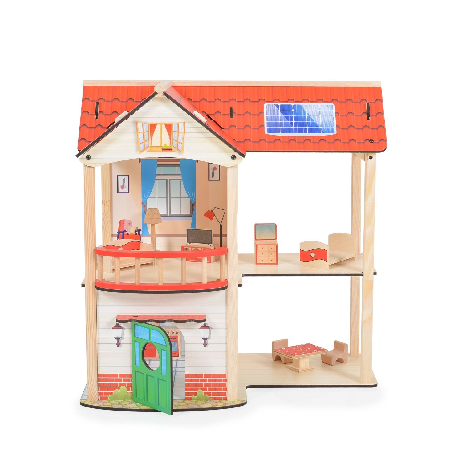 Moni Holz-Puppenhaus Elly 11 Möbelstücke, 2 Etagen, 4 Zimmer, Türe, Küche, Bad rot
