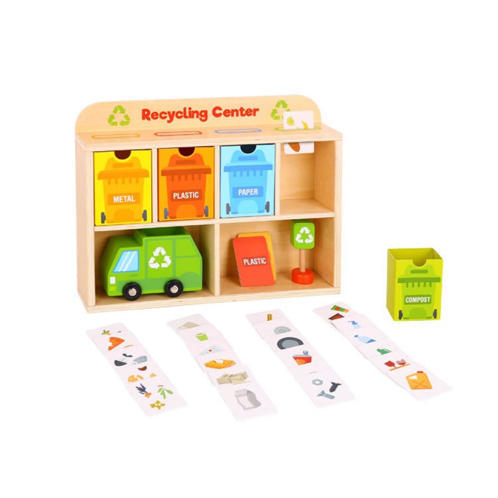 Tooky Toy Spielzeug Recycling Center TY635A aus Holz, Recyclinghof, M&uuml;llauto orange - Bild 1