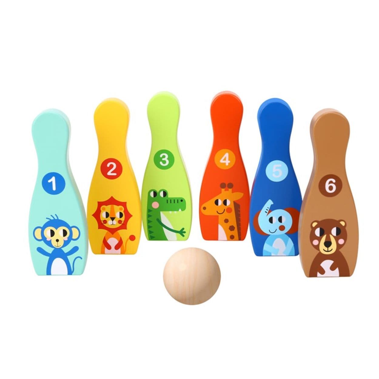Tooky Toy Kegelspiel TH295 Holz 7-teilig, 6 bunte Kegel und 1 Kugel, Tiermotive bunt - Bild 1