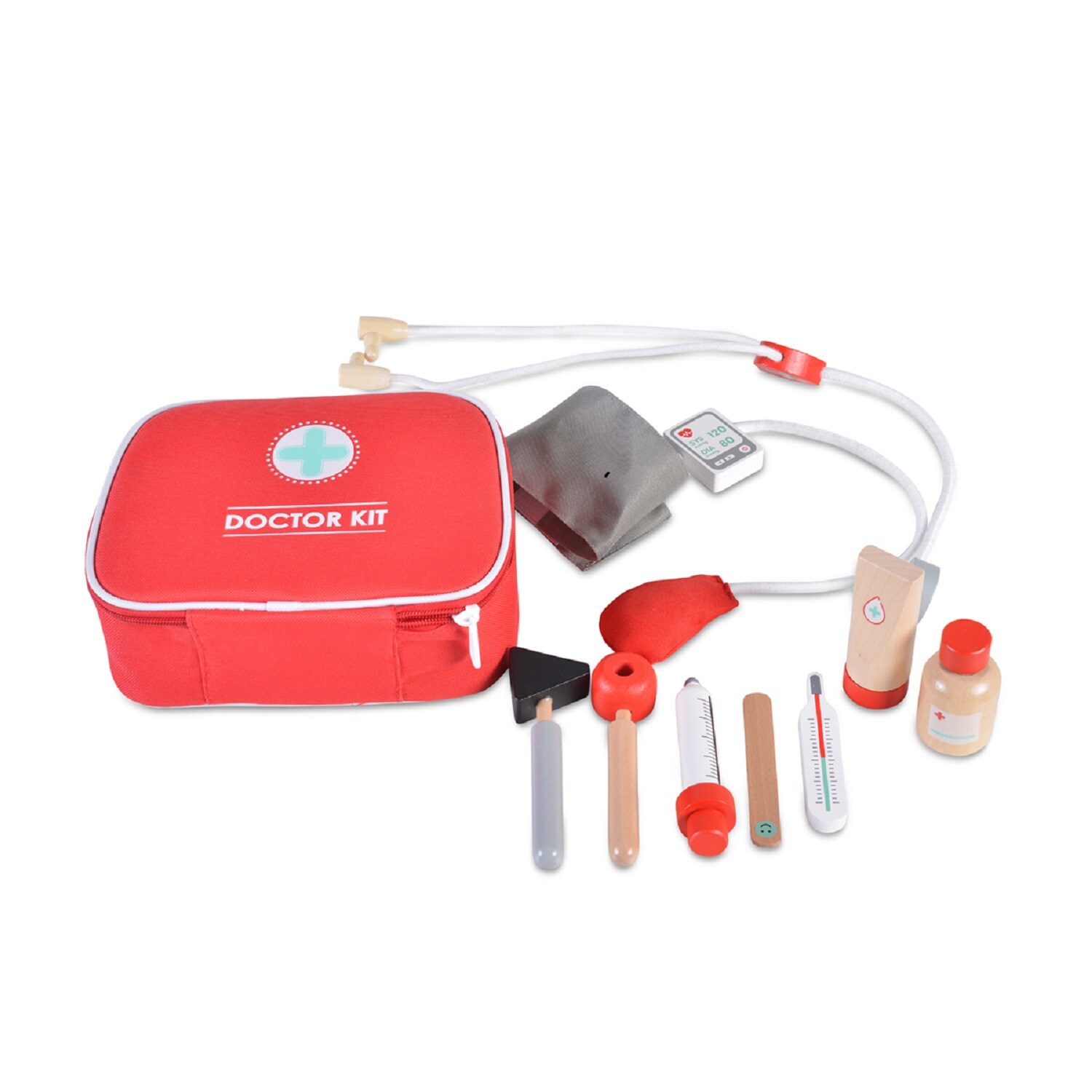 Moni Holzspielzeug Erste Hilfe Set 4501 Arztkoffer, 10-tlg, Tasche, Thermometer rot