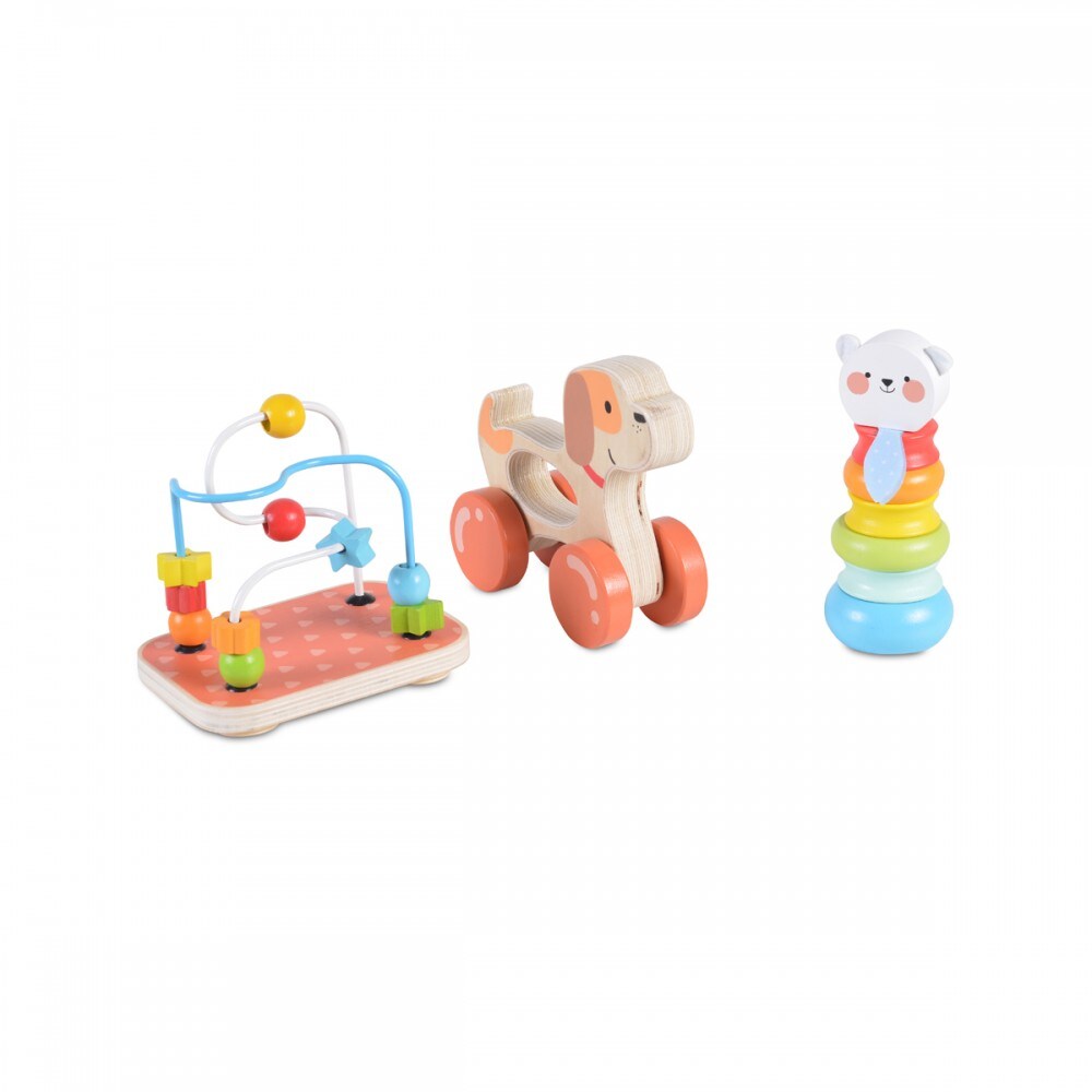 Moni Holzspielzeug-Set 2203, 9-tlg, Motorikschleife, Nachziehtier, Stapelspiel bunt | 03800146221645