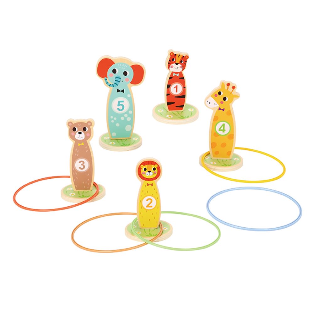 Tooky Toy Ringwurfspiel T401 aus Holz 15-teilig, 5 bunte Tierfiguren, 5 Ringe bunt - Bild 1