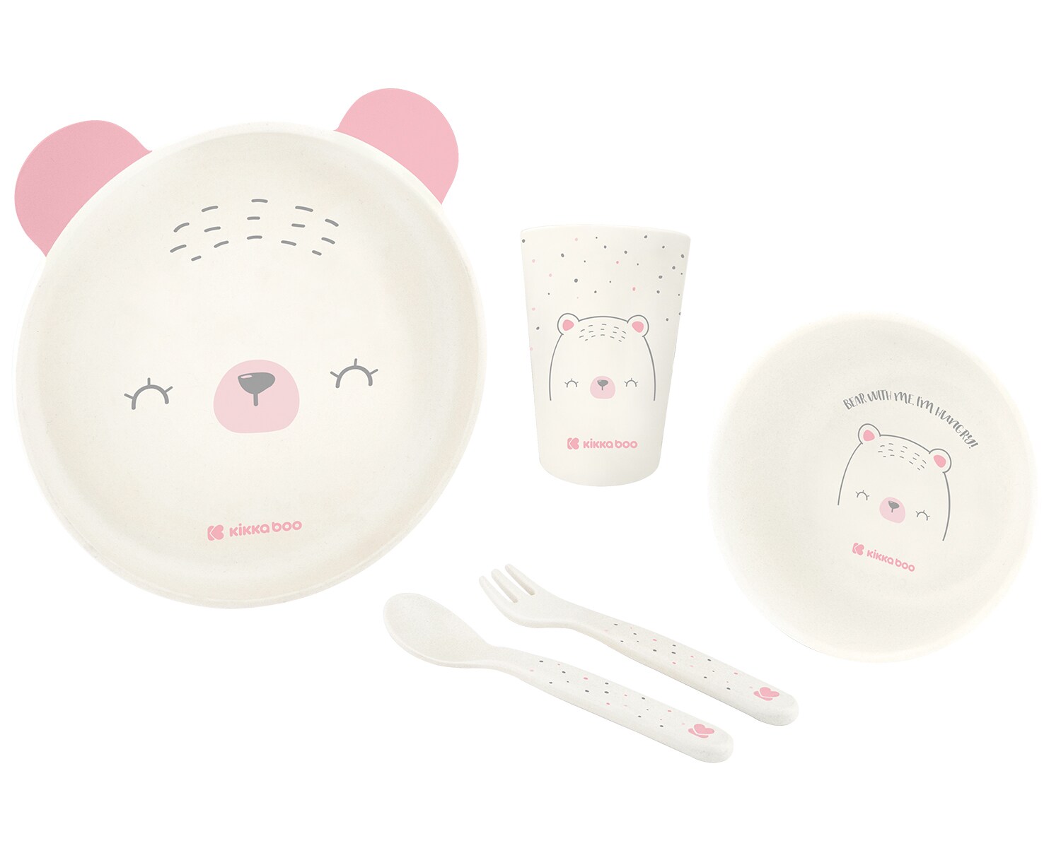 Kikkaboo Kindergeschirr Set Bear with me 5-teilig, Tiermotiv, Schale, Besteck pink - Bild 1