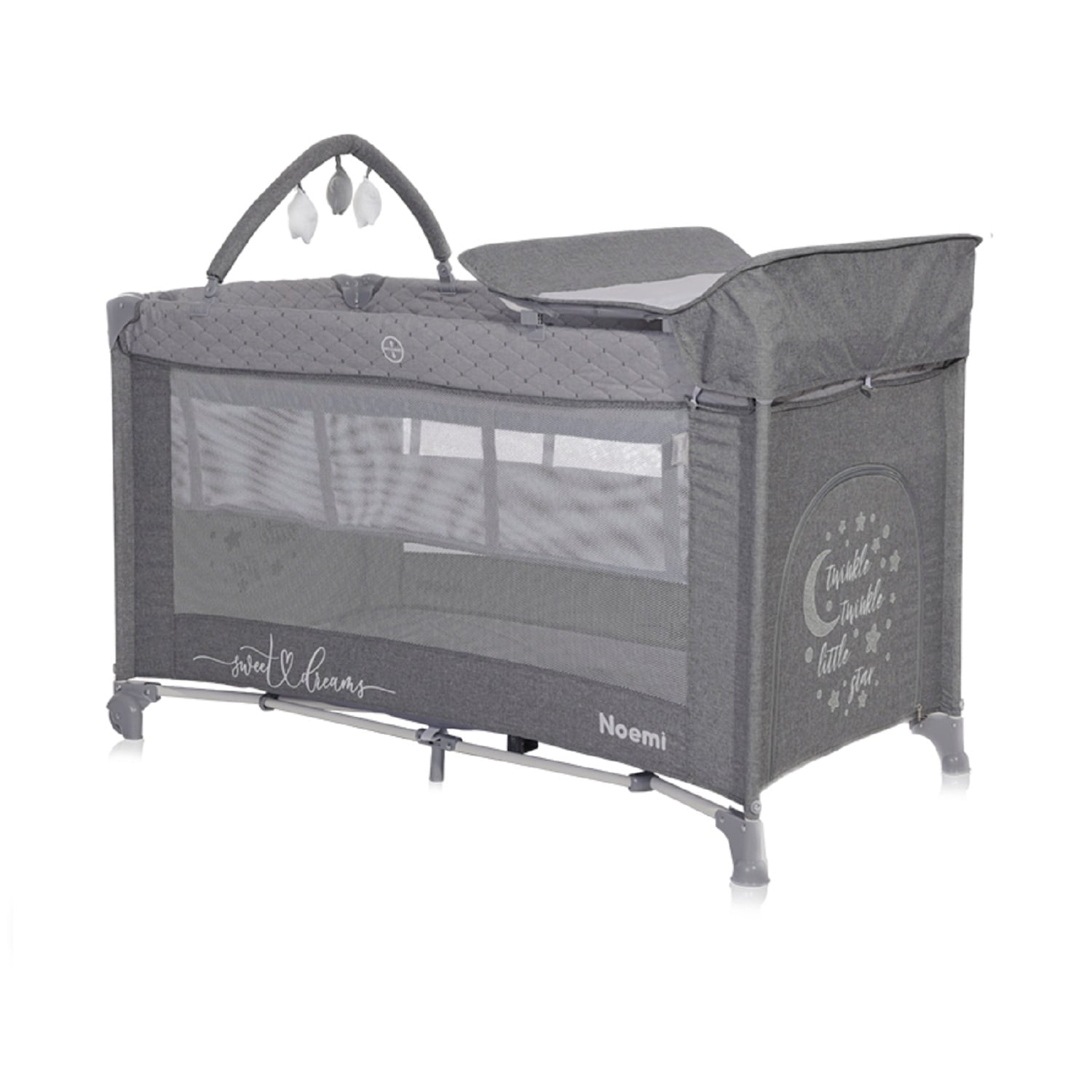 Lorelli Reisebett Noemi 2 Ebenen, Wickelauflage, Spielbogen, Tragetasche, R&auml;der dunkelgrau - Bild 1