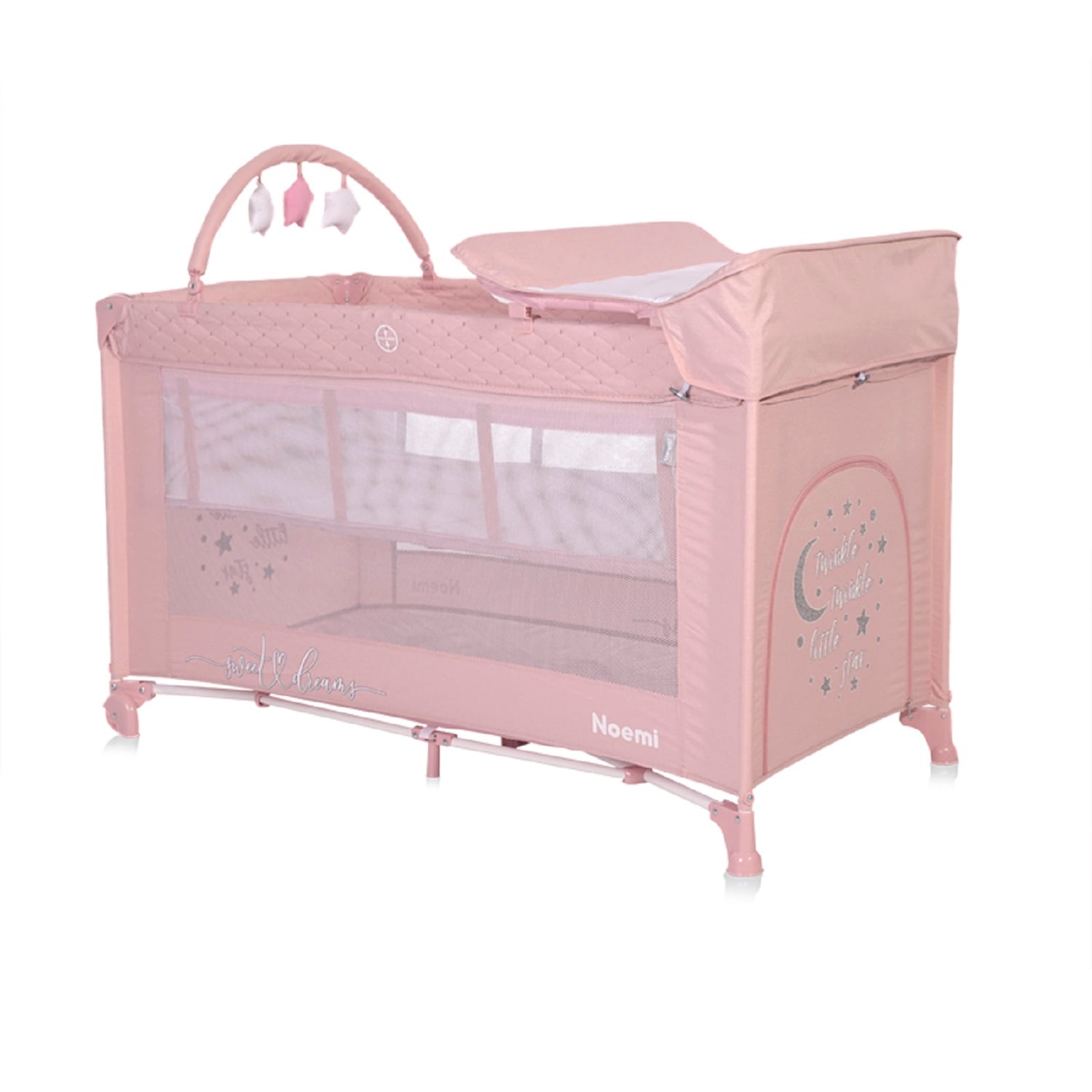 Lorelli Reisebett Noemi 2 Ebenen, Wickelauflage, Spielbogen, Tragetasche, R&auml;der pink - Bild 1