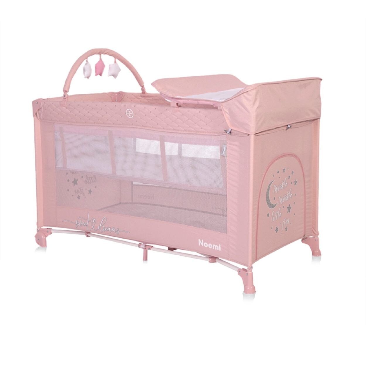 Lorelli Reisebett Noemi 2 Ebenen, Wickelauflage, Spielbogen, Tragetasche, Räder pink