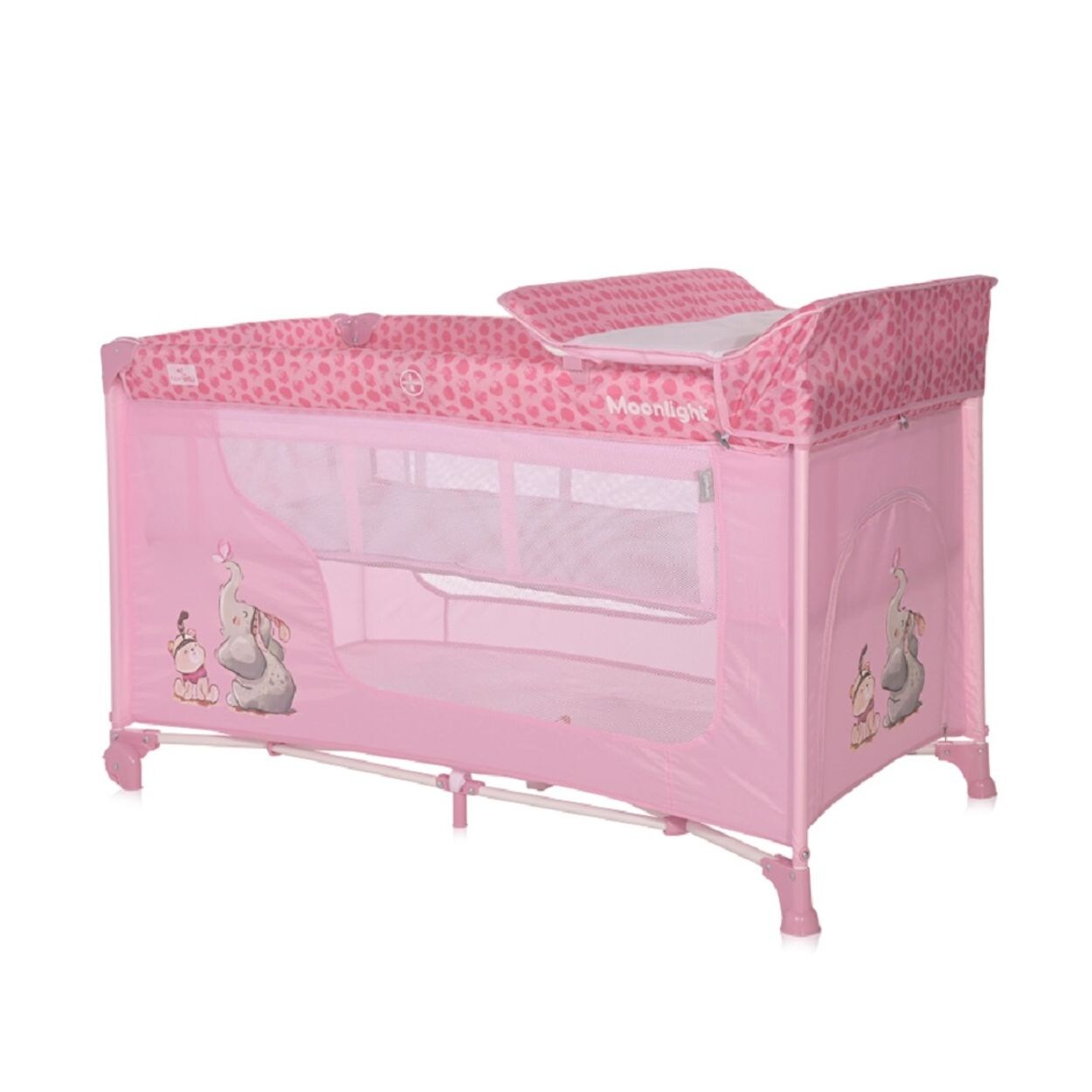 Lorelli Reisebett Moonlight zwei Ebenen, faltbar, Wickelauflage, Matratze, Räder rosa pink