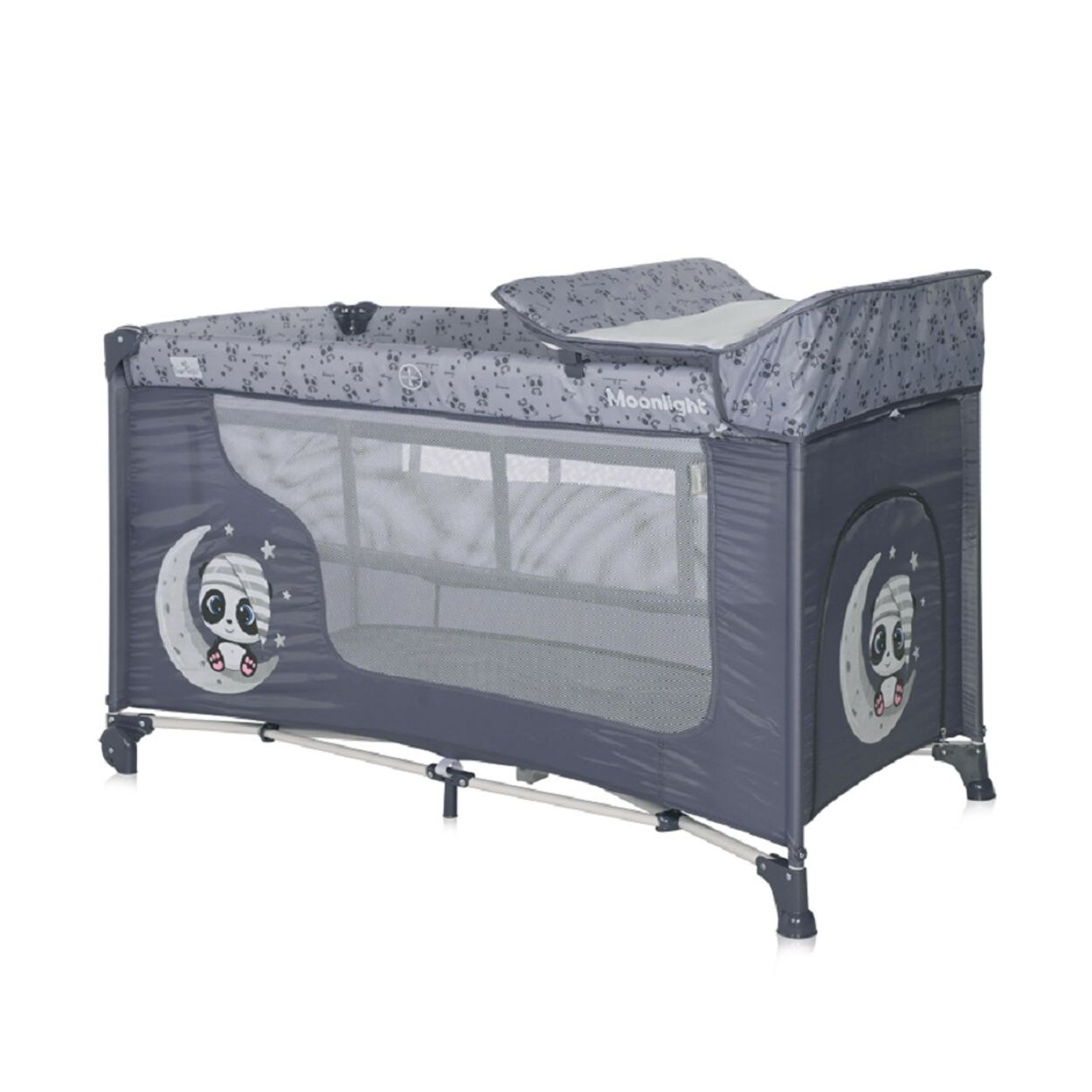 Lorelli Reisebett Moonlight zwei Ebenen, faltbar, Wickelauflage, Matratze, R&auml;der grau hellgrau - Bild 1