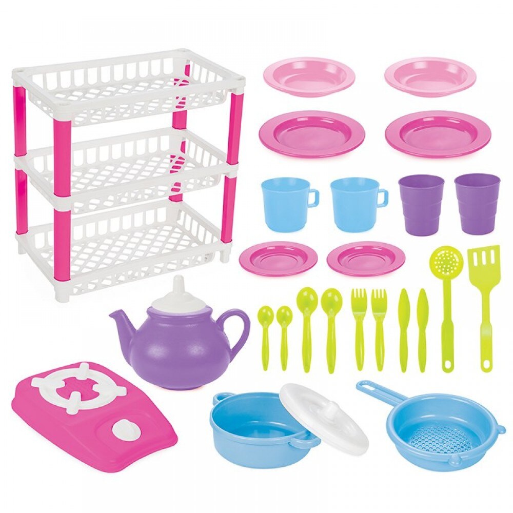 Pilsan Spielzeuggeschirr 03337 drei Ebenen 26 teilig, Besteck, Teller, Topf Herd rosa - Bild 1