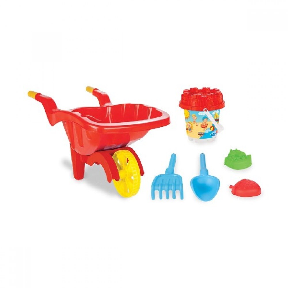 Pilsan 6-tlg. Sandspielzeug-Set 06173 Schubkarre Förmchen Eimer Schaufel Rechen rot | 08693461061738