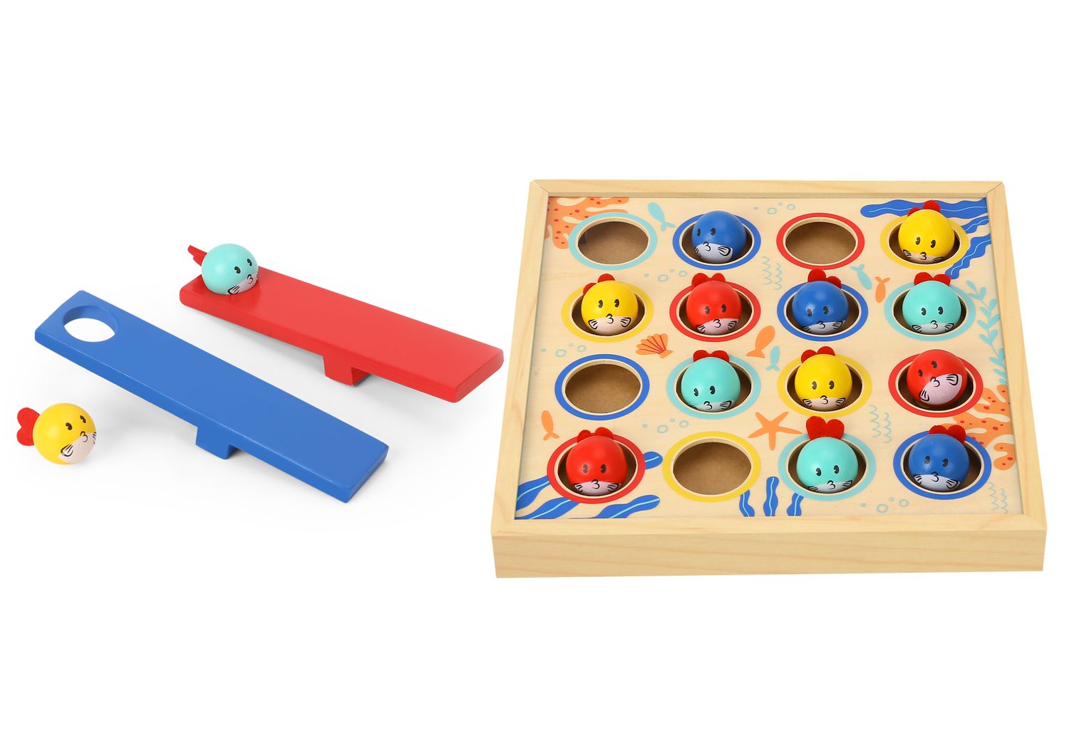 Tooky Toy Fisch-Tauchspiel TF980 aus Holz 19-teilig fliegende Fische Sprungbrett bunt - Bild 1