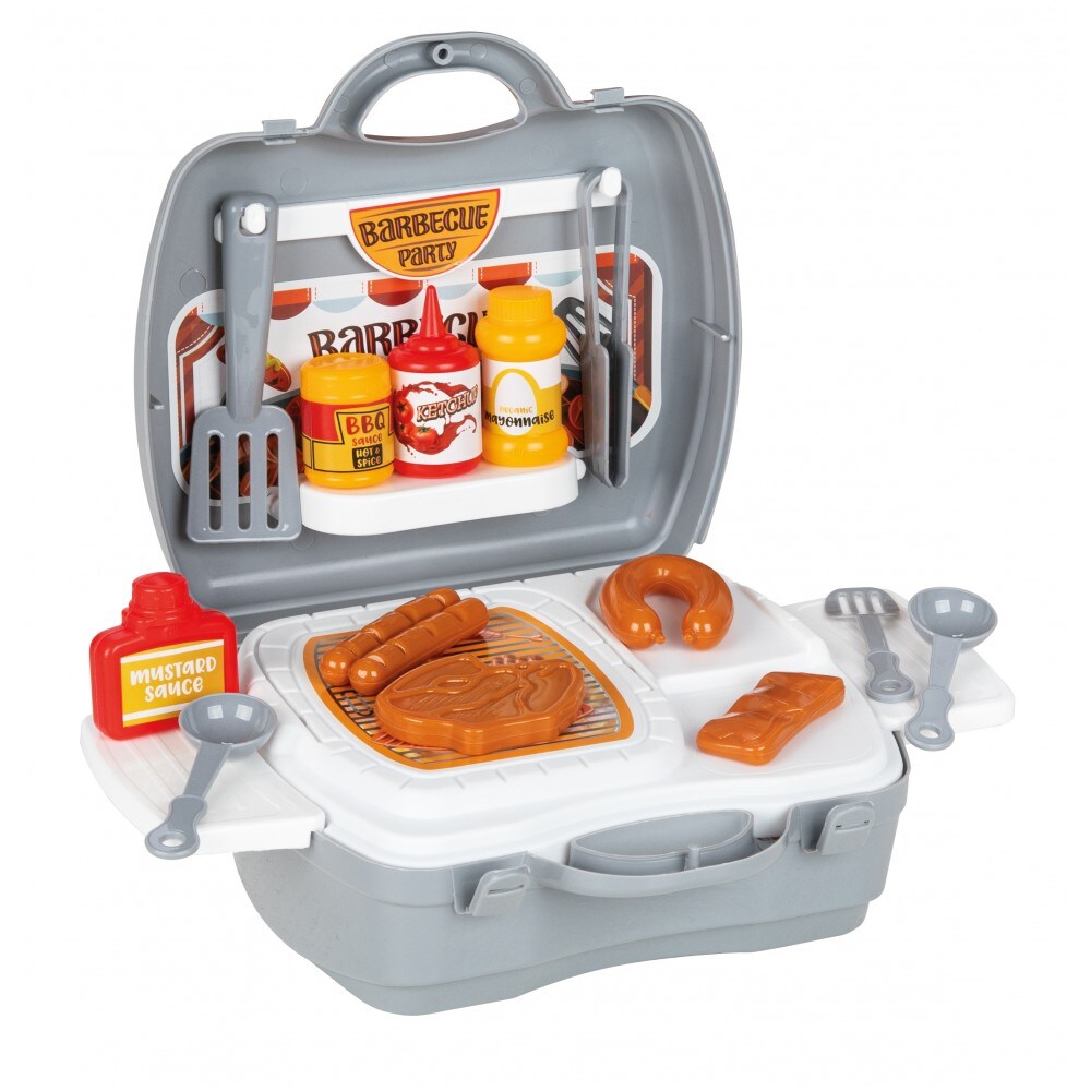 Pilsan Spielzeug Grillkoffer 03368 BBQ-Set Grillbesteck Teller Spiellebensmittel grau - Bild 1