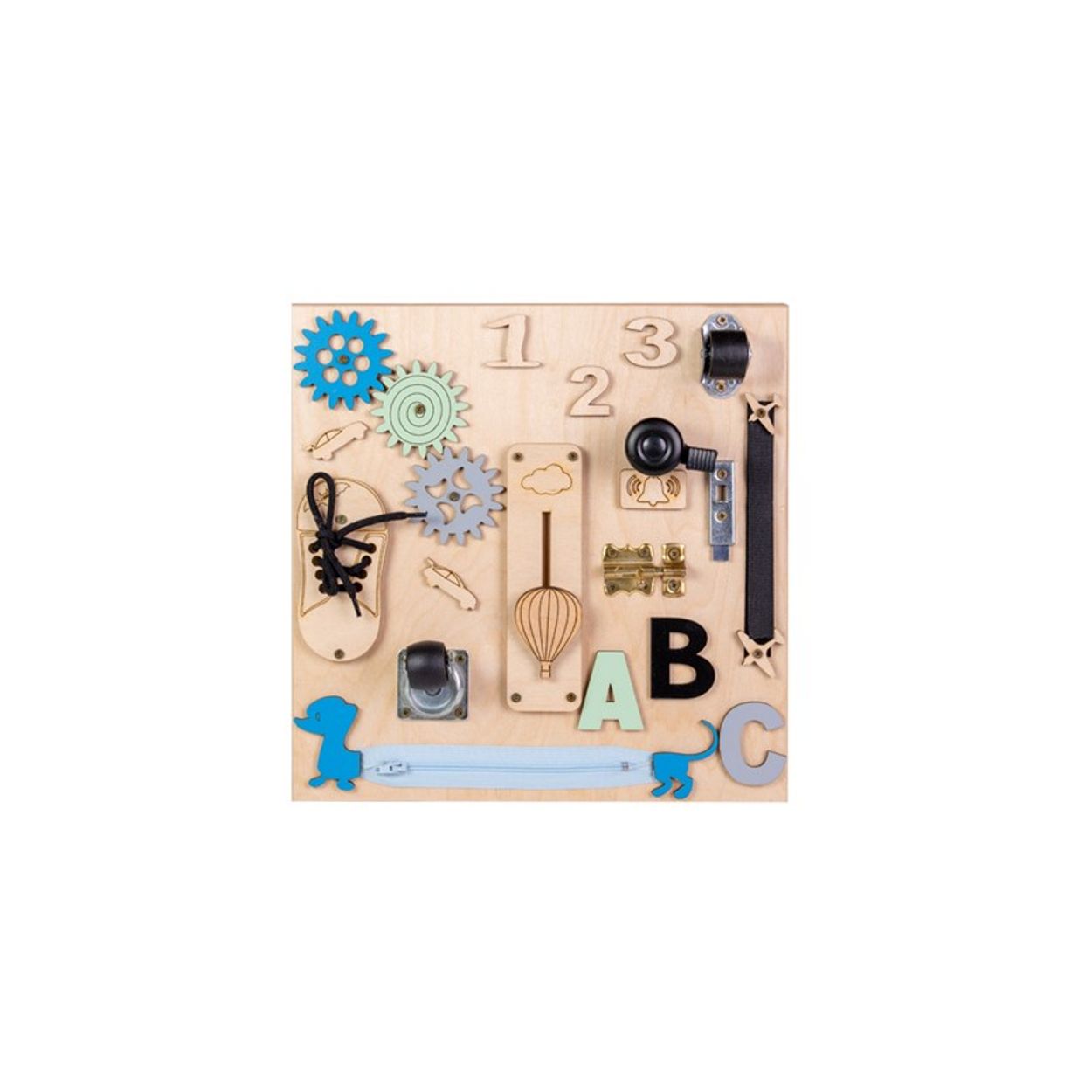 Moni Lernboard Lerntafel klein aus Holz, Zahnr&auml;der, Selbstverschluss, Drehrollen blau - Bild 1