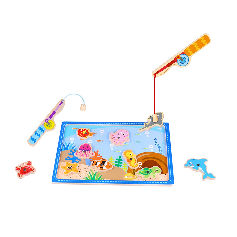 Tooky Toy Angelspiel TKF040 Holz 10 Meerestiere, 2 Angelst&auml;be magnetische Fische blau - Bild 1