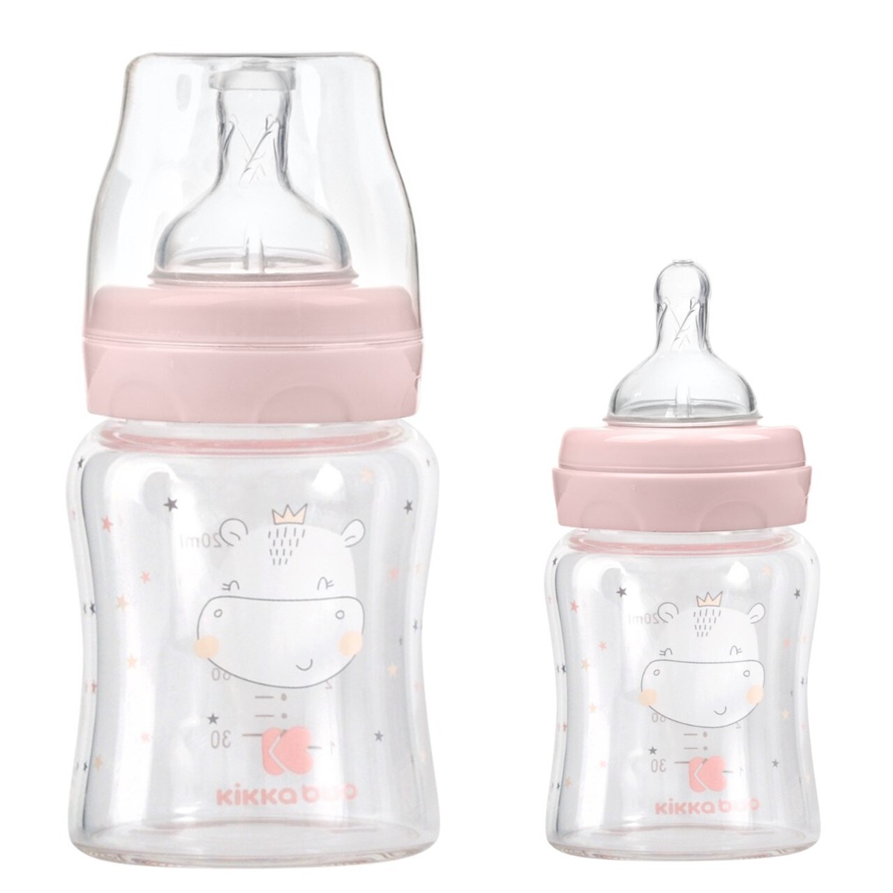 Kikkaboo Baby Glasflasche 120 ml, Weithals&ouml;ffnung, Silikonsauger Gr&ouml;&szlig;e S, Deckel rosa - Bild 1
