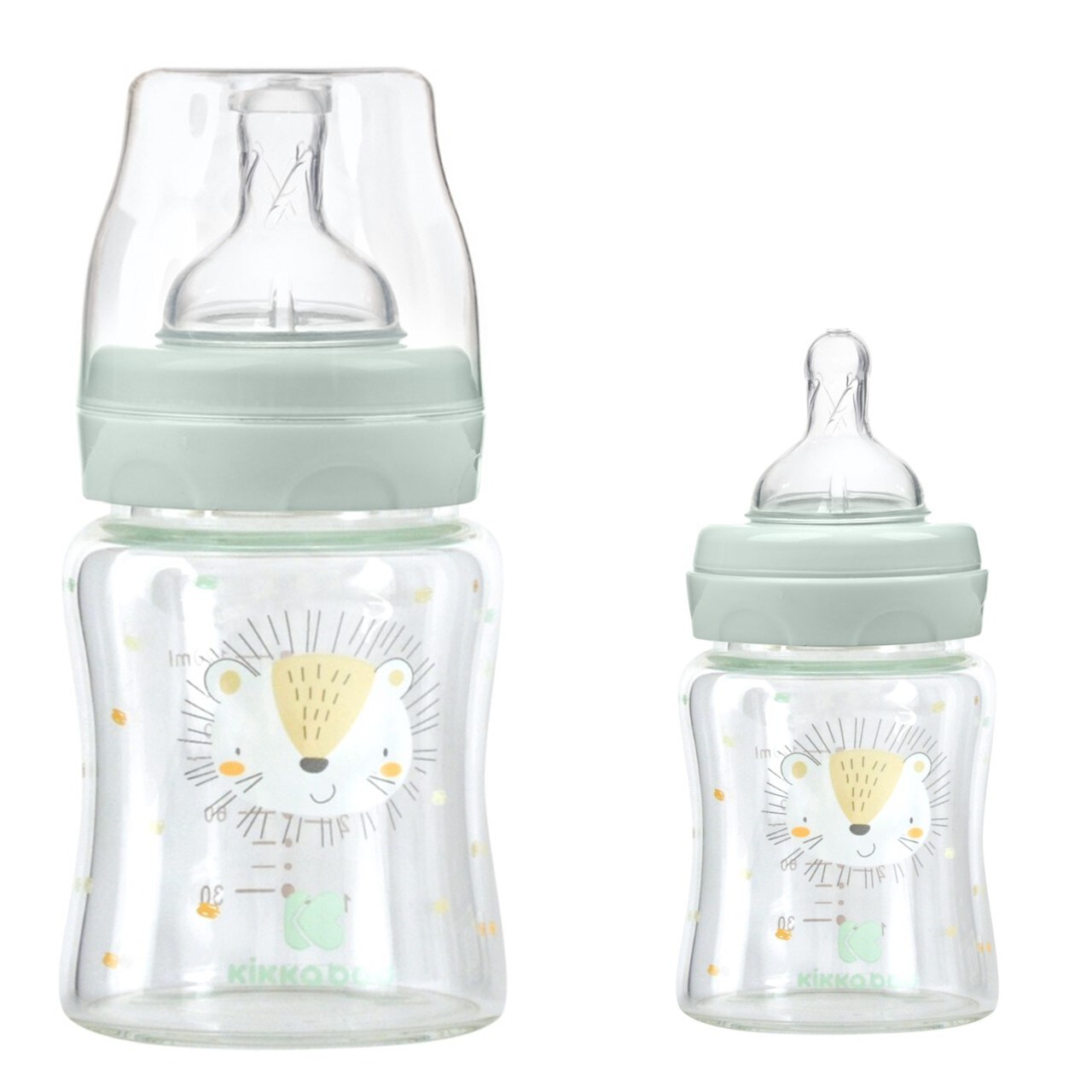 Kikkaboo Baby Glasflasche 120 ml, Weithals&ouml;ffnung, Silikonsauger Gr&ouml;&szlig;e S, Deckel gr&uuml;n - Bild 1