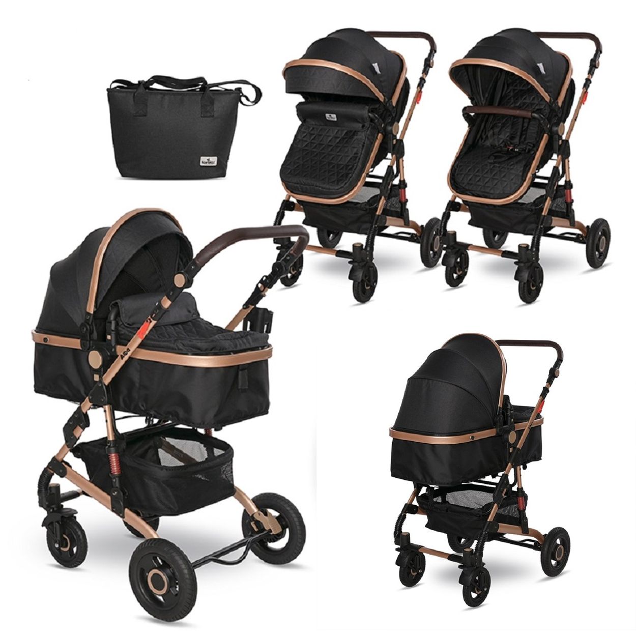 Lorelli Kinderwagen Alba 2 in 1 Sportsitz Babywanne Gummireifen, einstellbar schwarz gold - Bild 1