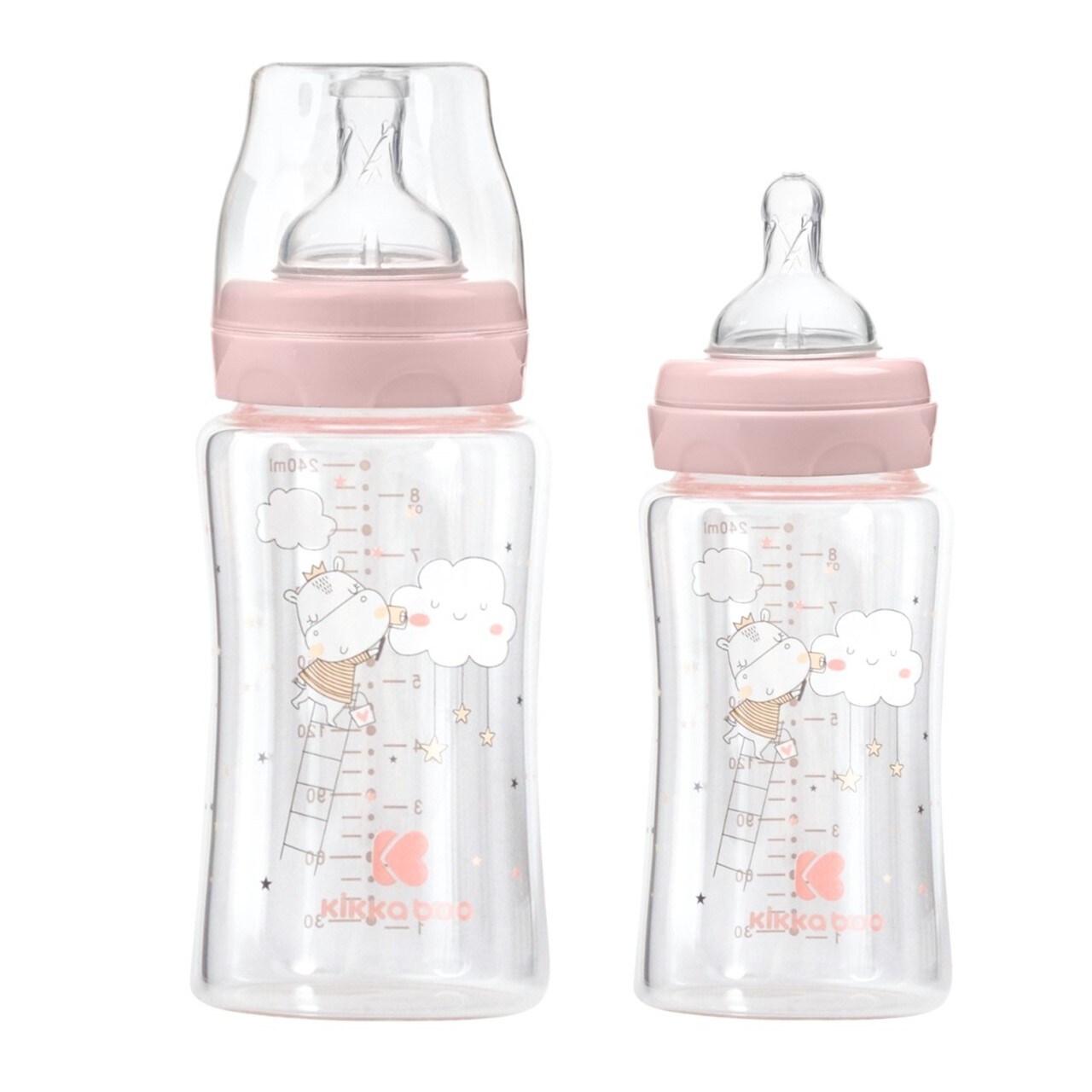 Kikkaboo Baby Glasflasche 240 ml, Weithals&ouml;ffnung, Deckel, Silikonsauger Gr&ouml;&szlig;e M rosa - Bild 1