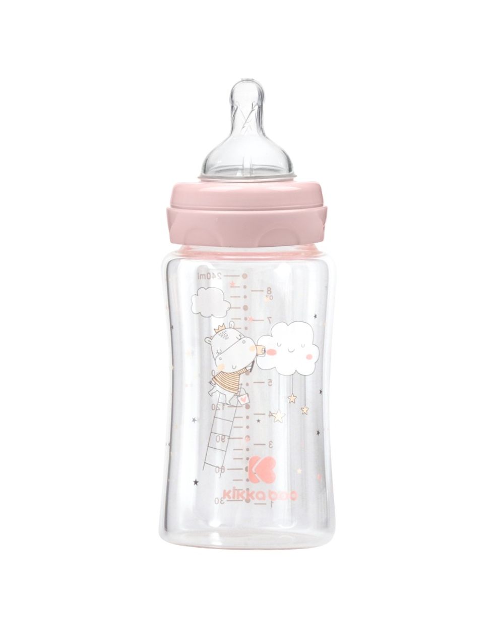 Kikkaboo Baby Glasflasche 240 ml, Weithalsöffnung, Deckel, Silikonsauger Größe M rosa