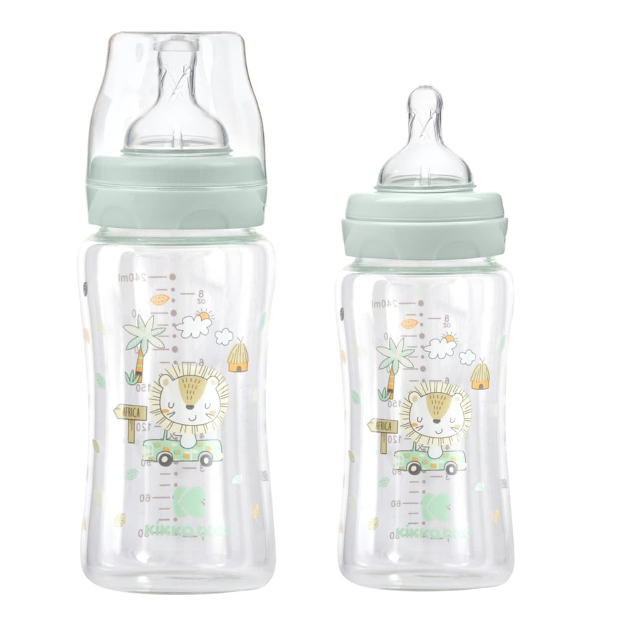 Kikkaboo Baby Glasflasche 240 ml, Weithals&ouml;ffnung, Deckel, Silikonsauger Gr&ouml;&szlig;e M gr&uuml;n - Bild 1