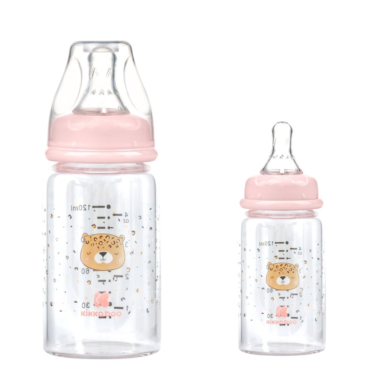 Kikkaboo Baby Glasflasche 120 ml Savanna Anti-Kolik-Silikonsauger Gr&ouml;&szlig;e S Deckel rosa - Bild 1
