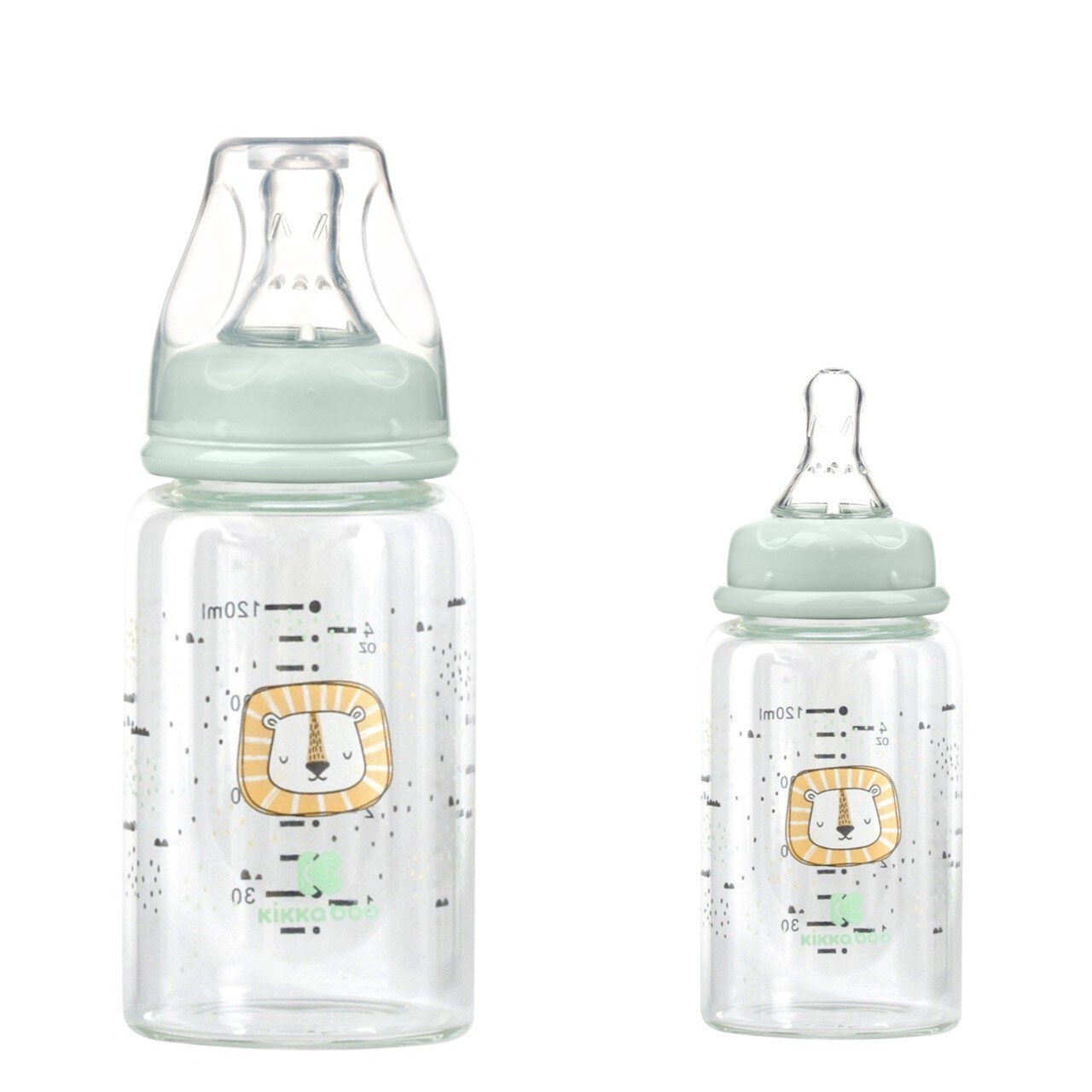Kikkaboo Baby Glasflasche 120 ml Savanna Anti-Kolik-Silikonsauger Gr&ouml;&szlig;e S Deckel gr&uuml;n - Bild 1