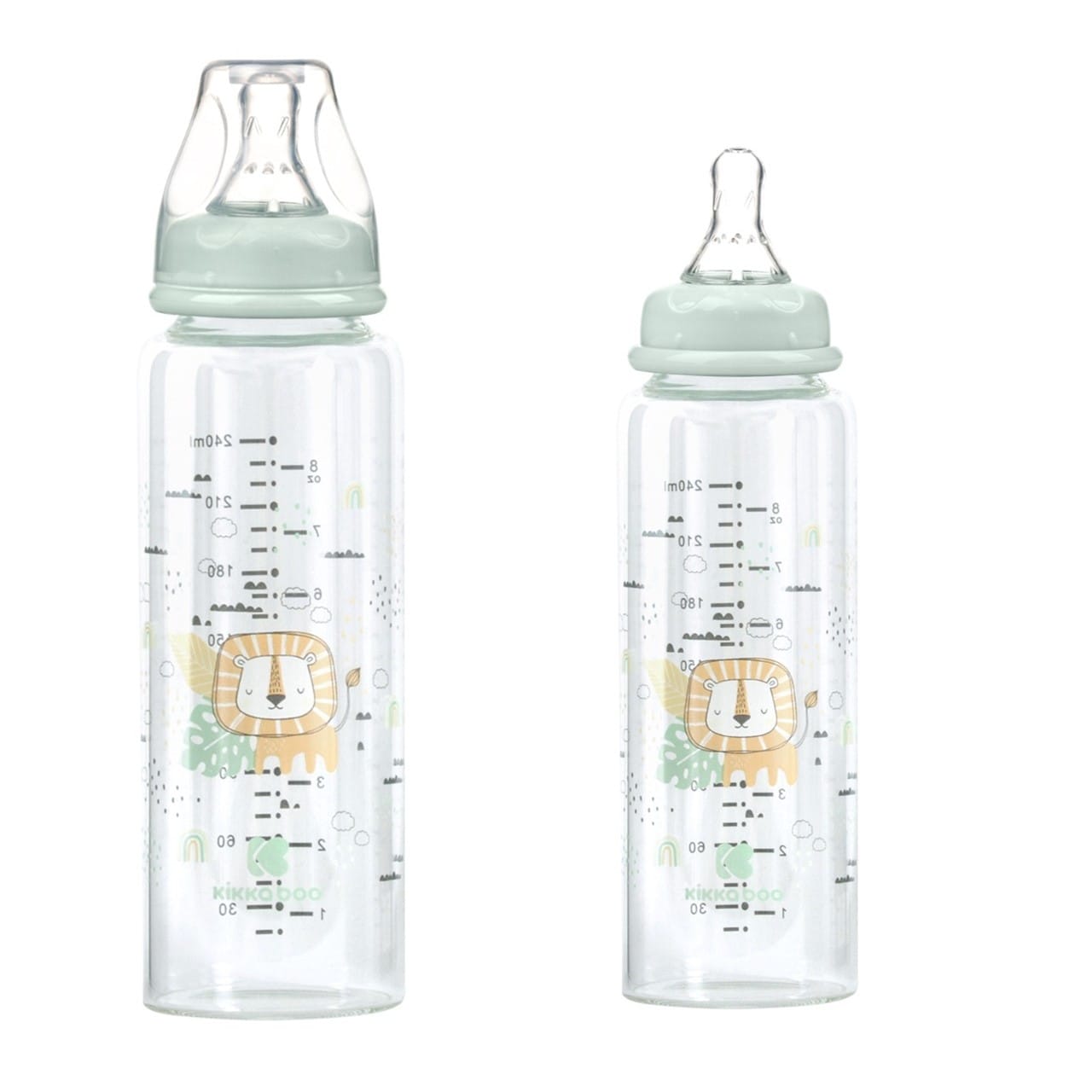 Kikkaboo Baby Glasflasche Savanna 240 ml, Silikonsauger Gr&ouml;&szlig;e M, Anti-Kolik gr&uuml;n - Bild 1