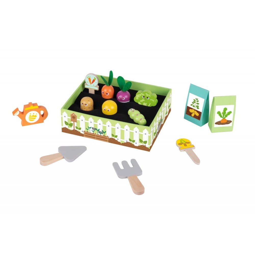 Tooky Toy Kinder-Gartenset TK315 Holz 14-teilig, Beet, Gem&uuml;se, Gie&szlig;kanne, Samen gr&uuml;n - Bild 1