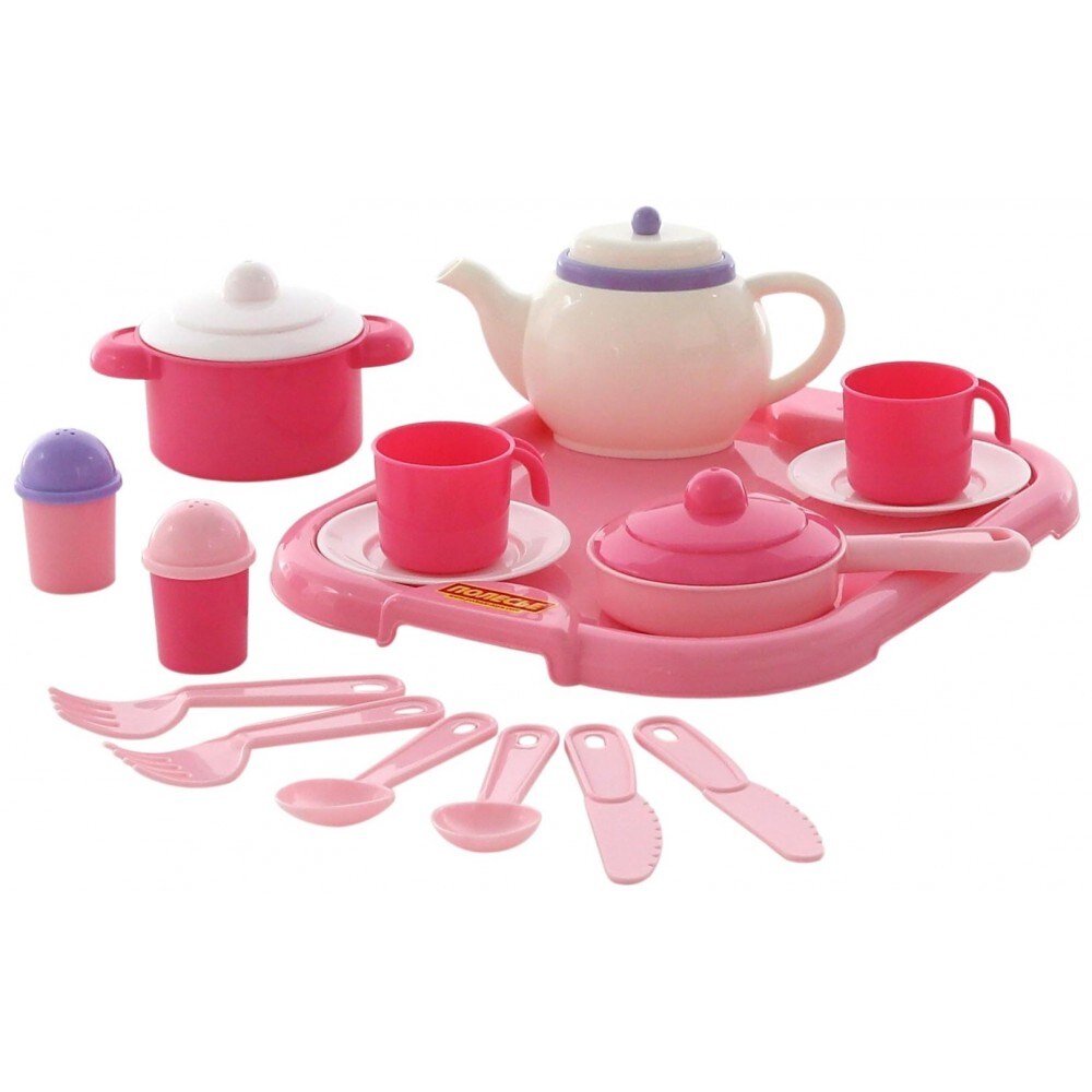 Polesie Spielzeug-Geschirr-Set 59079 Tablett 19-teilig Tassen, Besteck, Teekanne pink - Bild 1
