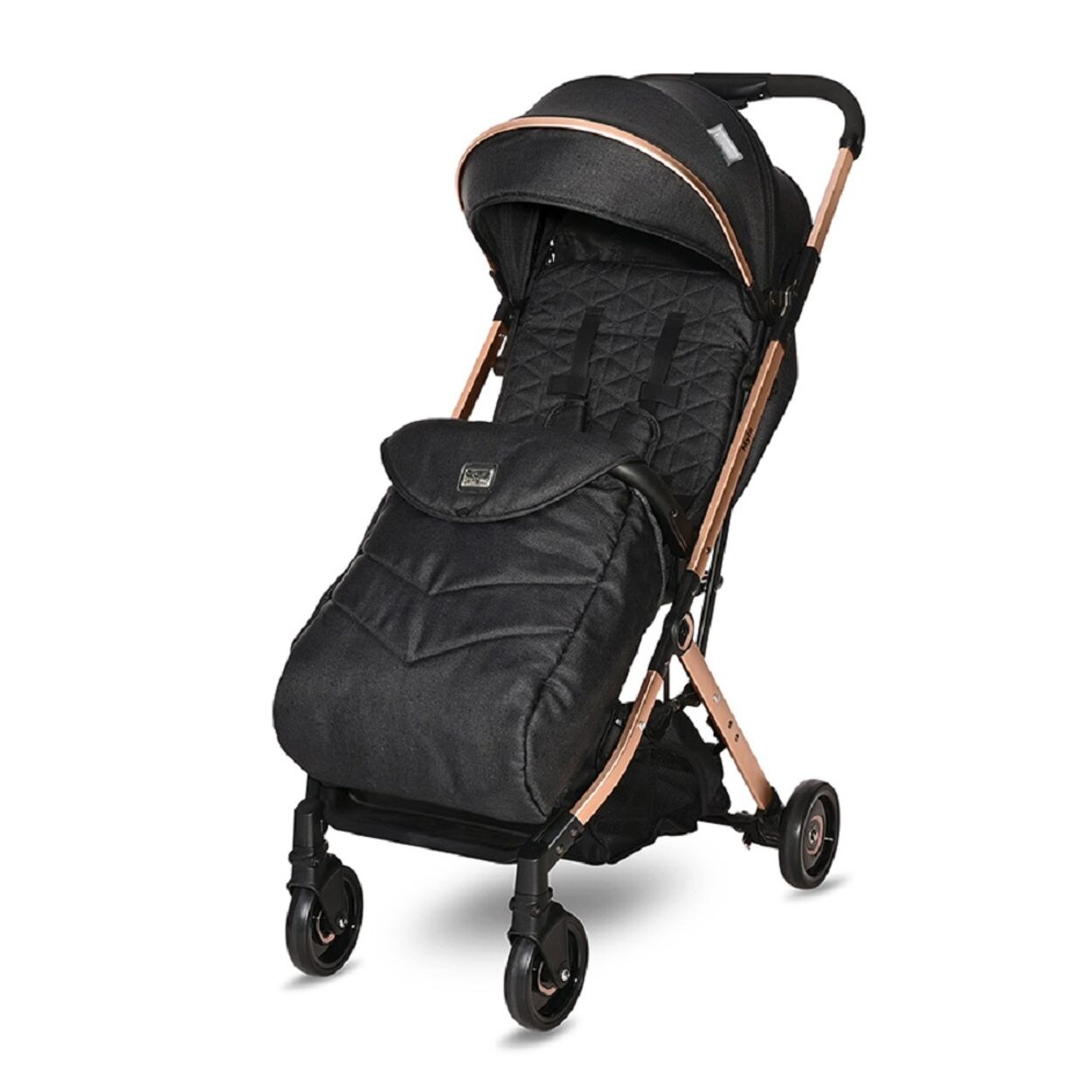 Lorelli Kinderwagen Myla Aluminiumrahmen Korb Fußsack klappbar mit Zusatzgriff schwarz gold
