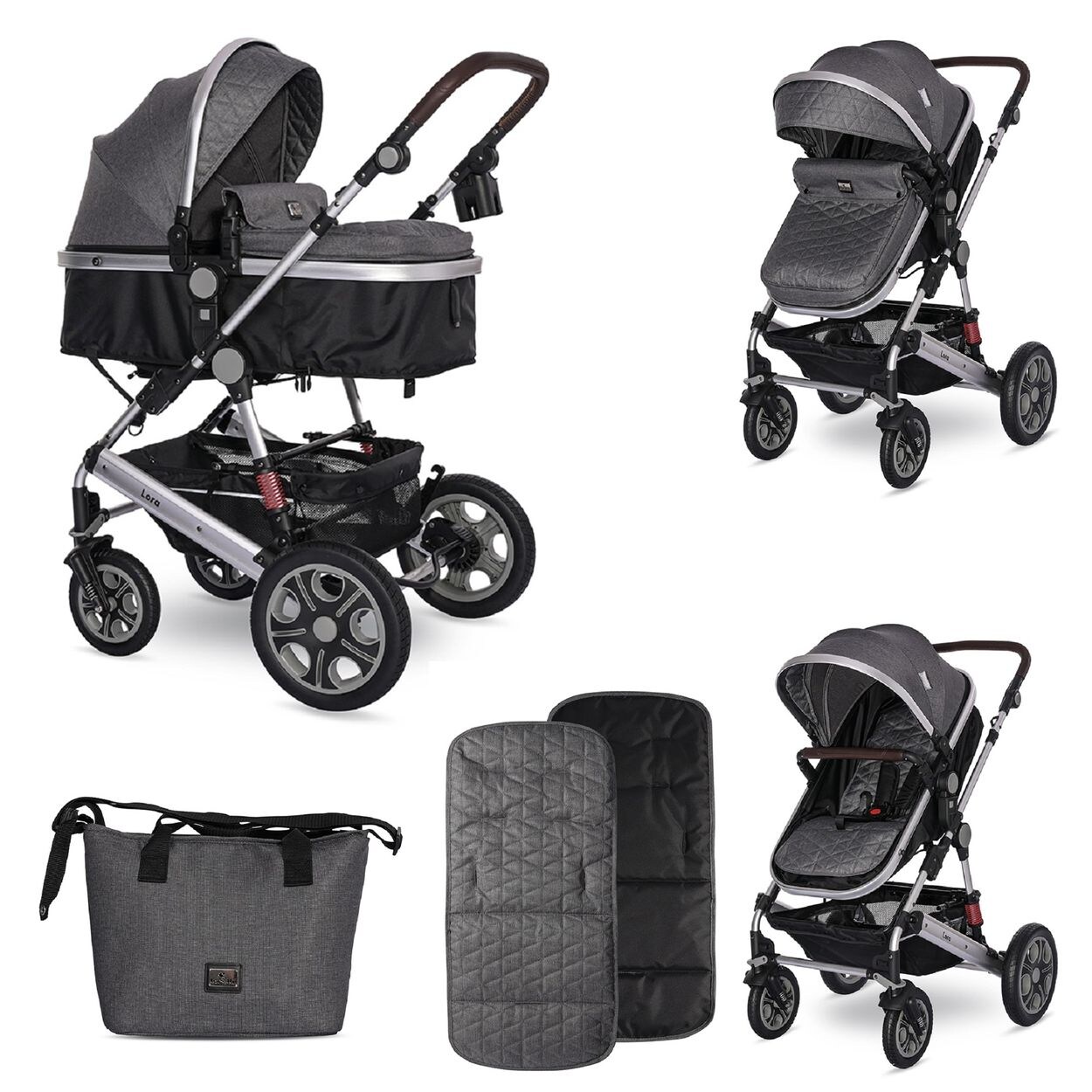 Lorelli Kinderwagen Lora faltbar Gummiräder Tragetasche Sportsitz Fußabdeckung grau/schwarz