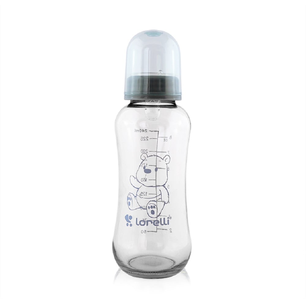 Lorelli Baby Glasflasche 240 ml Fassungsverm&ouml;gen Silikonsauger Deckel ab Geburt dunkelblau - Bild 1