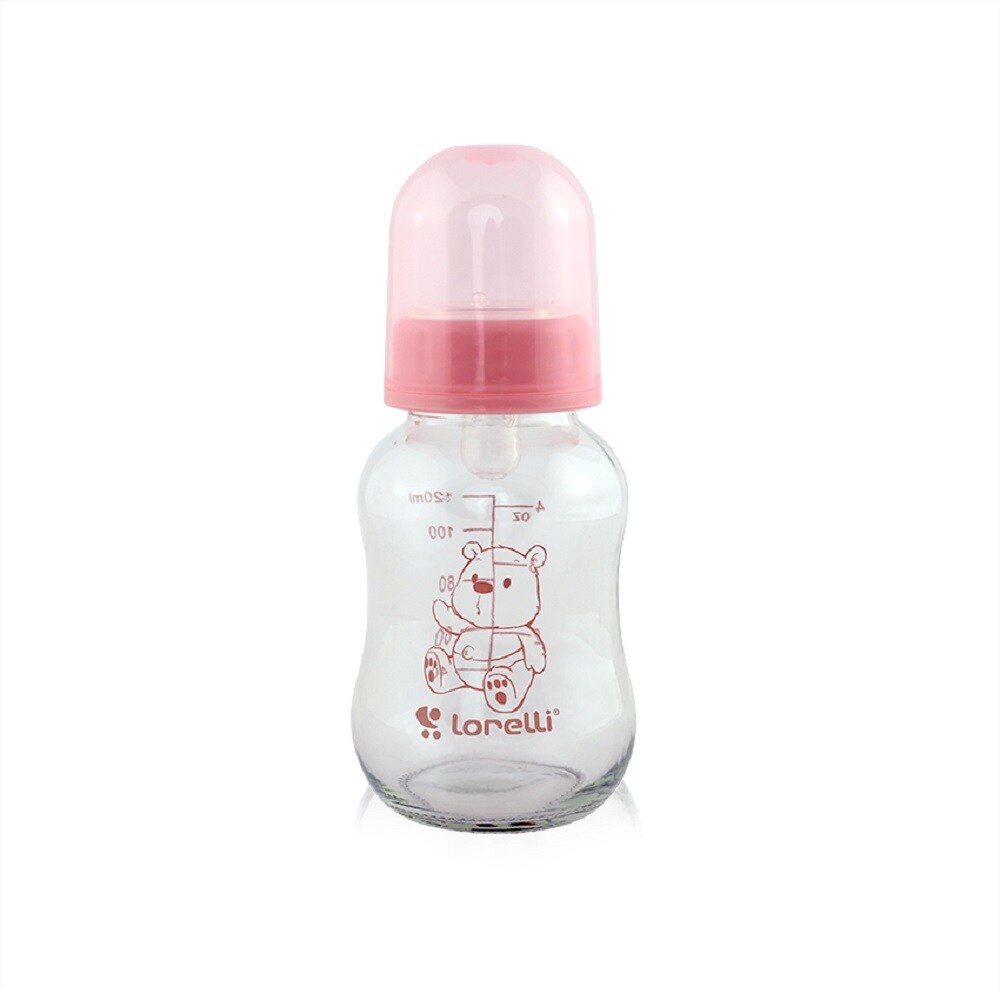 Lorelli Baby Glasflasche 120 ml Babyflasche, Trinkglasflasche, Deckel, Sauger pink - Bild 1