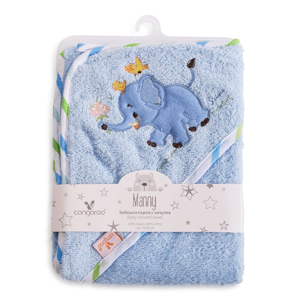 Cangaroo Baby-Kapuzenhandtuch Manny 76 x 76 cm Babyhandtuch Tiermotiv Baumwolle blau