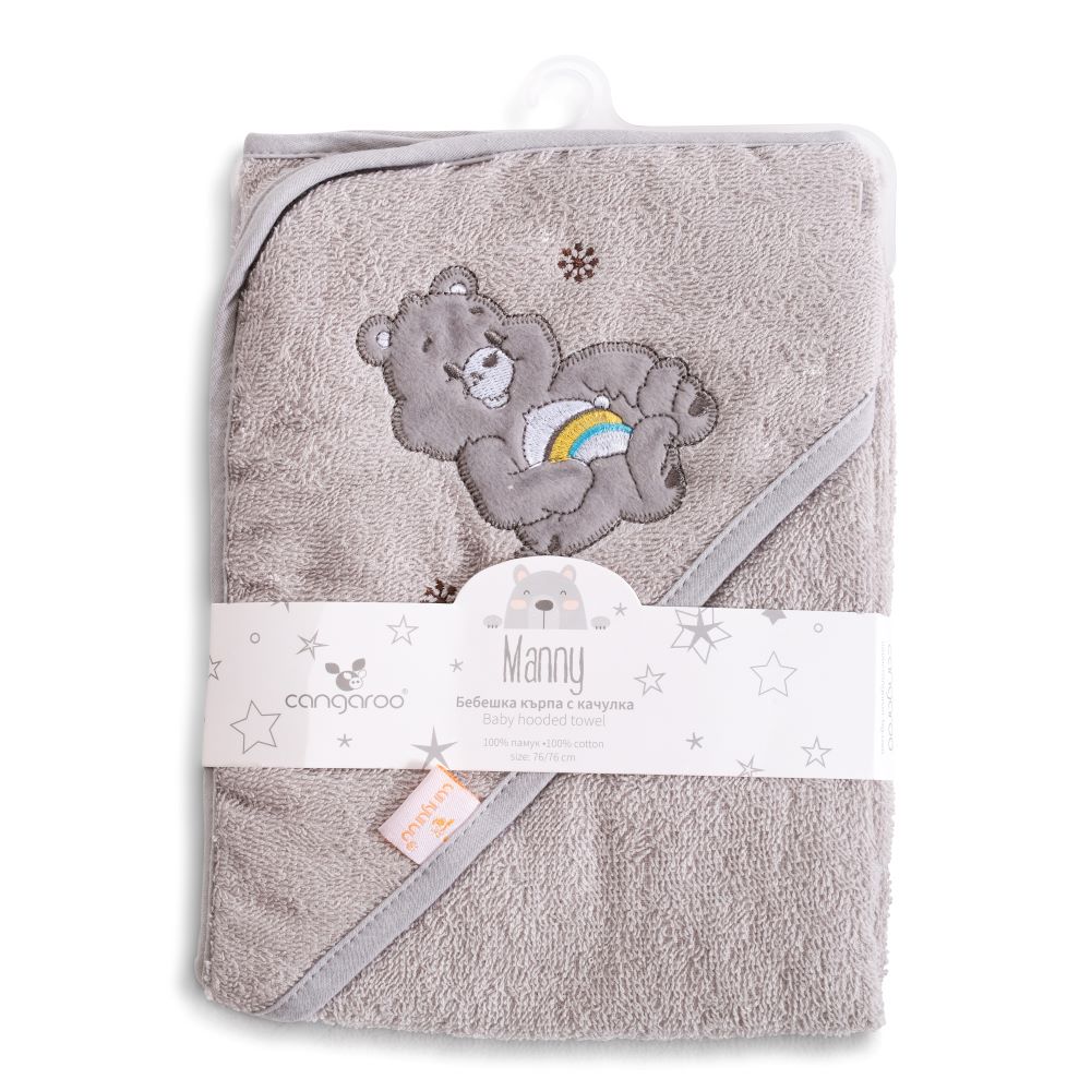 Cangaroo Baby-Kapuzenhandtuch Manny 76 x 76 cm Babyhandtuch Tiermotiv Baumwolle grau - Bild 1