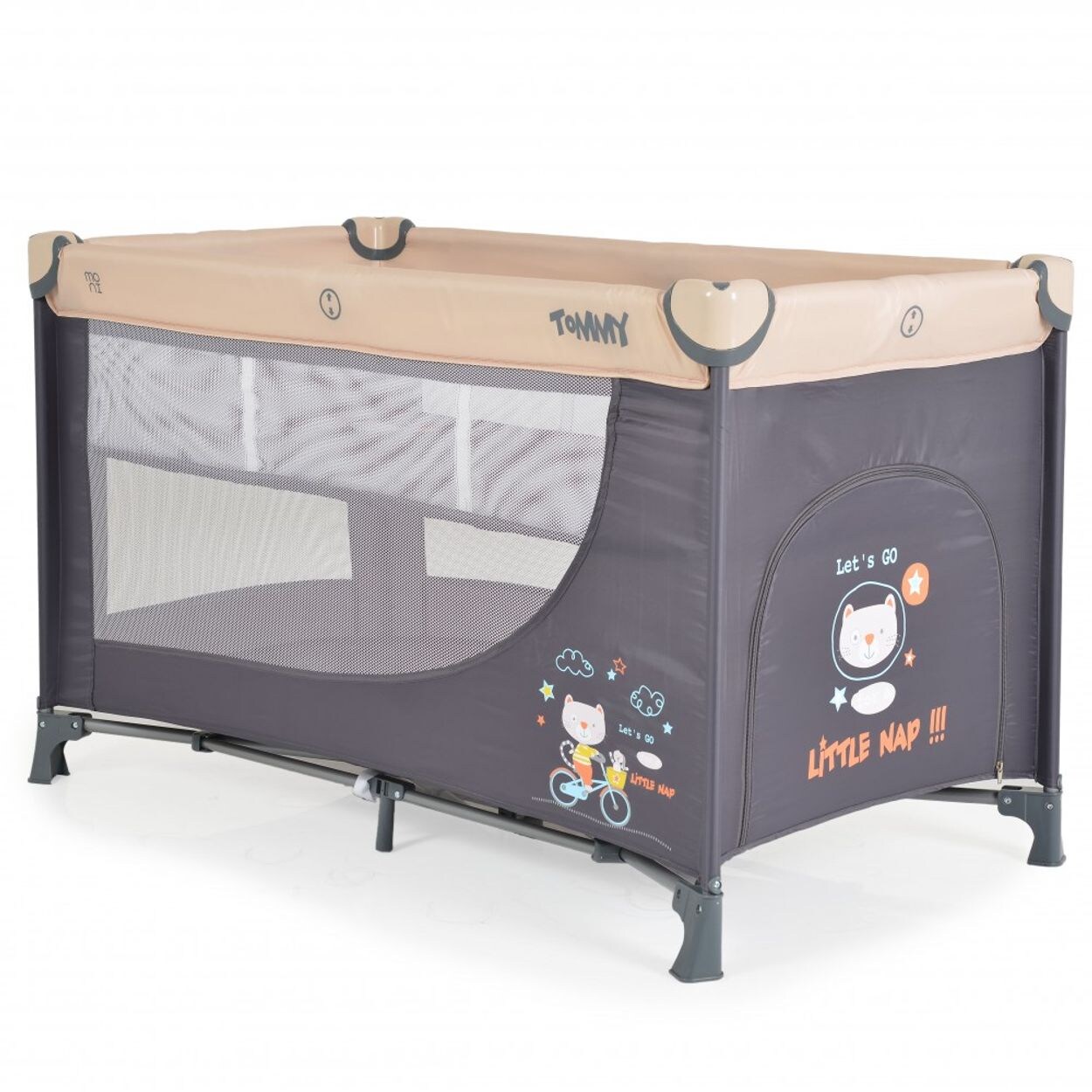 Moni Reisebett Tommy, 2 Ebenen Faltmatratze Seiteneingang Tragetasche Laufstall beige
