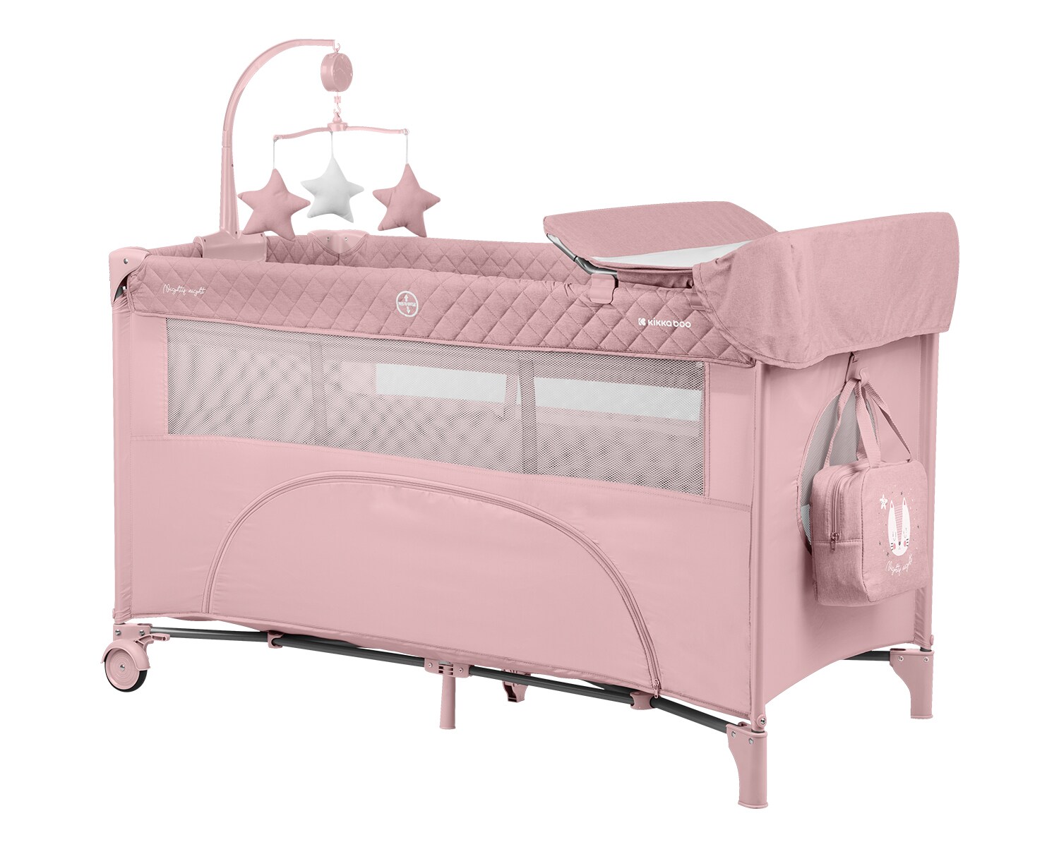 Kikkaboo Reisebett Nighty Night, 2 Ebenen, Spielbogen, 2 Räder, Wickelauflage rosa | 03801003011218