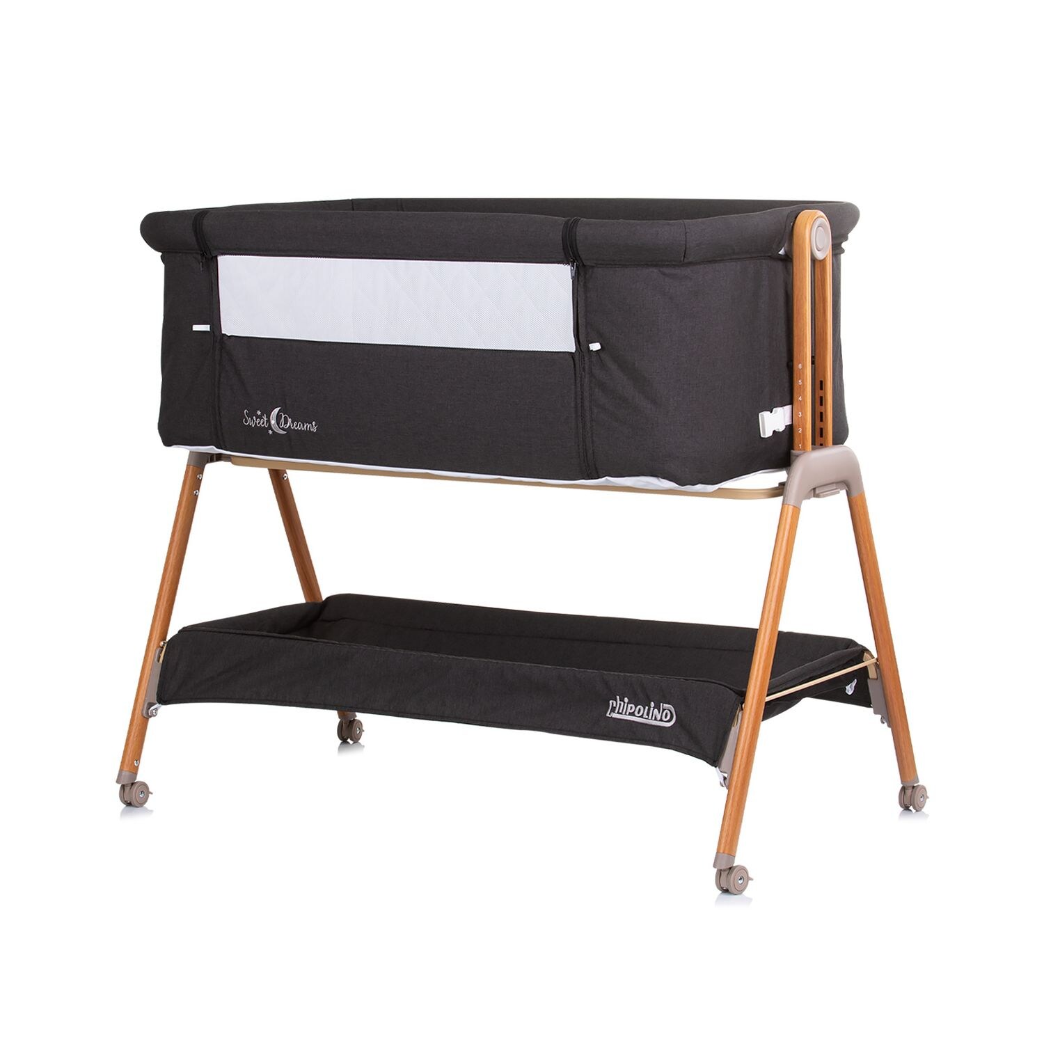 Chipolino Babybett Sweet Dreams mit Rollen, Beistellbett, Matratze, Anti-Refluxs schwarz | 03800931054687